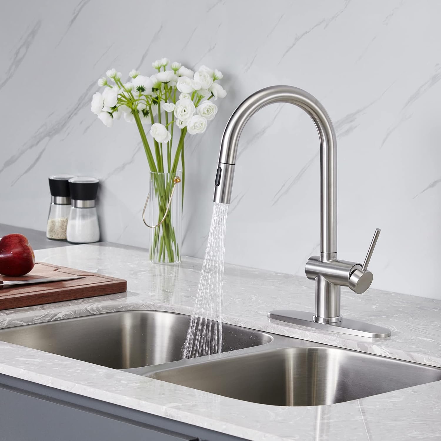 Kitchen Faucet with Pull Down Sprayer, Modern Stainless Steel Single Handle Kitchen Sink Faucet, Single Hole Kitchen Faucet with 10" Deck Plate (Brushed Nickel) - Image 9