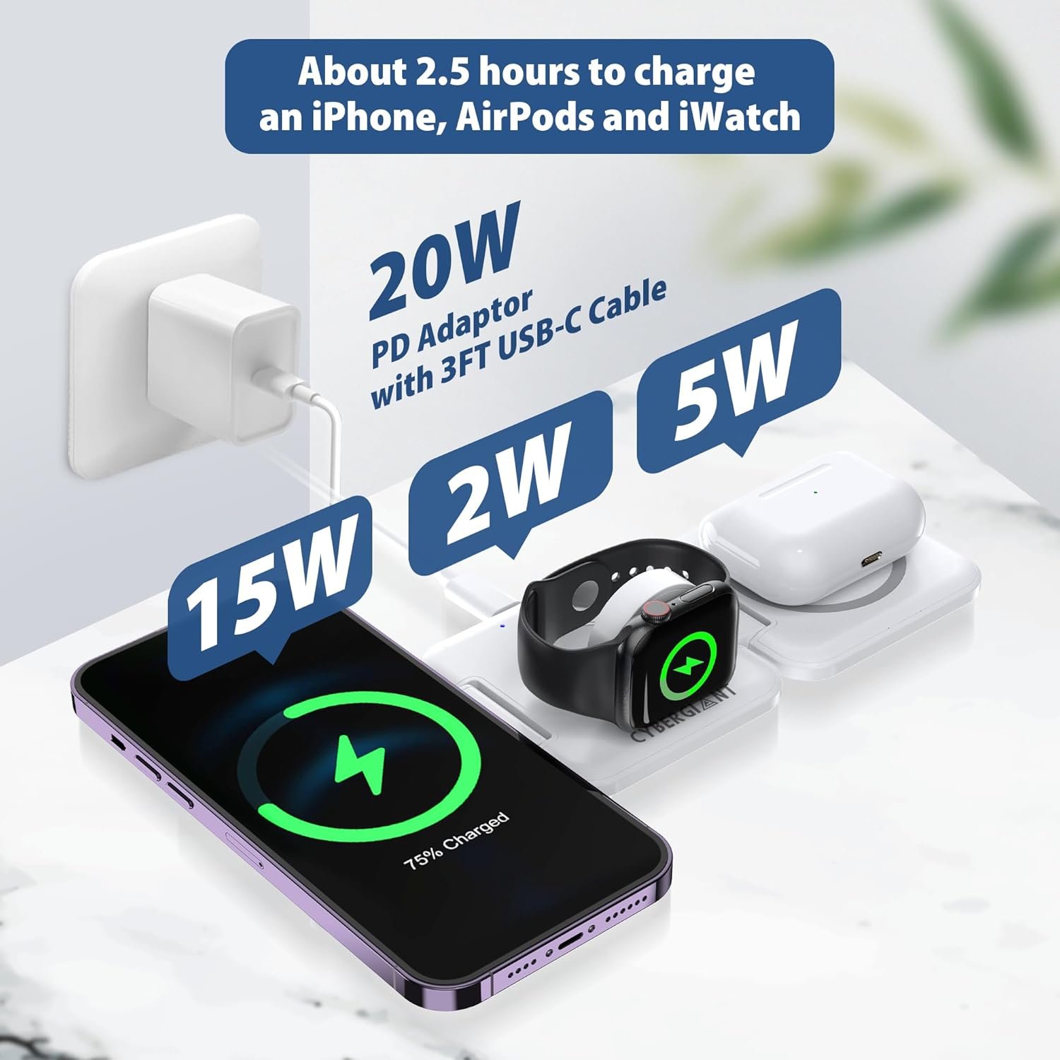 3 in 1 Apple Charging Station for iPhone Airpods Watch iWatch - Travel Charger for Multiple Devices, Portable Foldable iPhone Charging Station - Magnetic iPhone Charger with Adaptor&Case - Image 3
