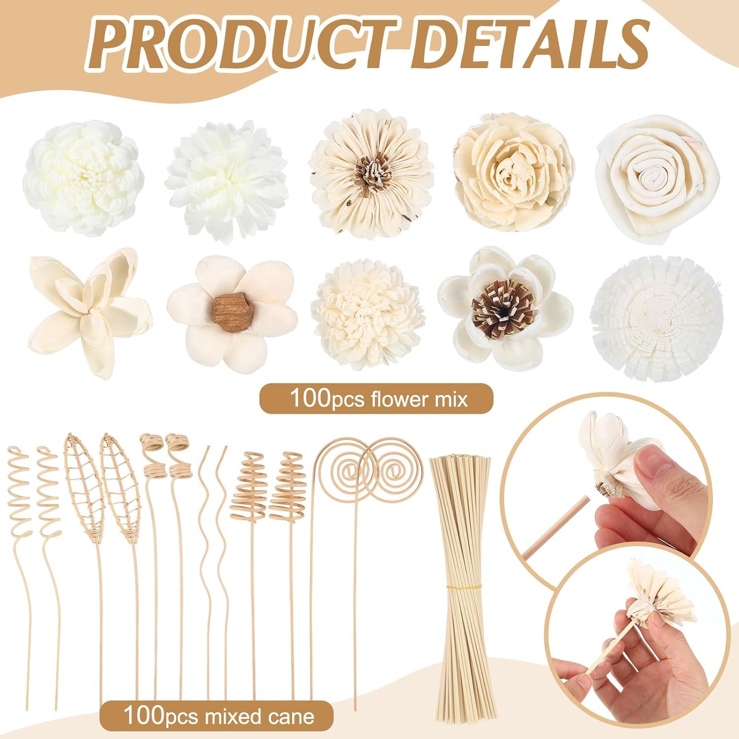Cindeer 200 Pcs Reed Diffuser Sticks Set Include 10 Style 100 Pcs Natural Rattan Flower Reed 7 Style 100 Pcs Mixed Fragrance Diffuser Rattan Reed Fragrance Diffuser Replacement for Home Fragrance - Image 3