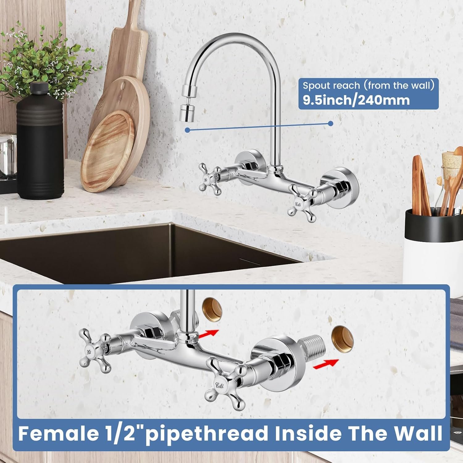 Airuida Wall Mount Kitchen Faucet with Sprayer Wall Mounted Kitchen Sink Faucet Double Cross Handles 360 Degree Swivel Spout Restaurant Mixer Tap Commercial 8 Inch Center Chrome Polish - Image 4