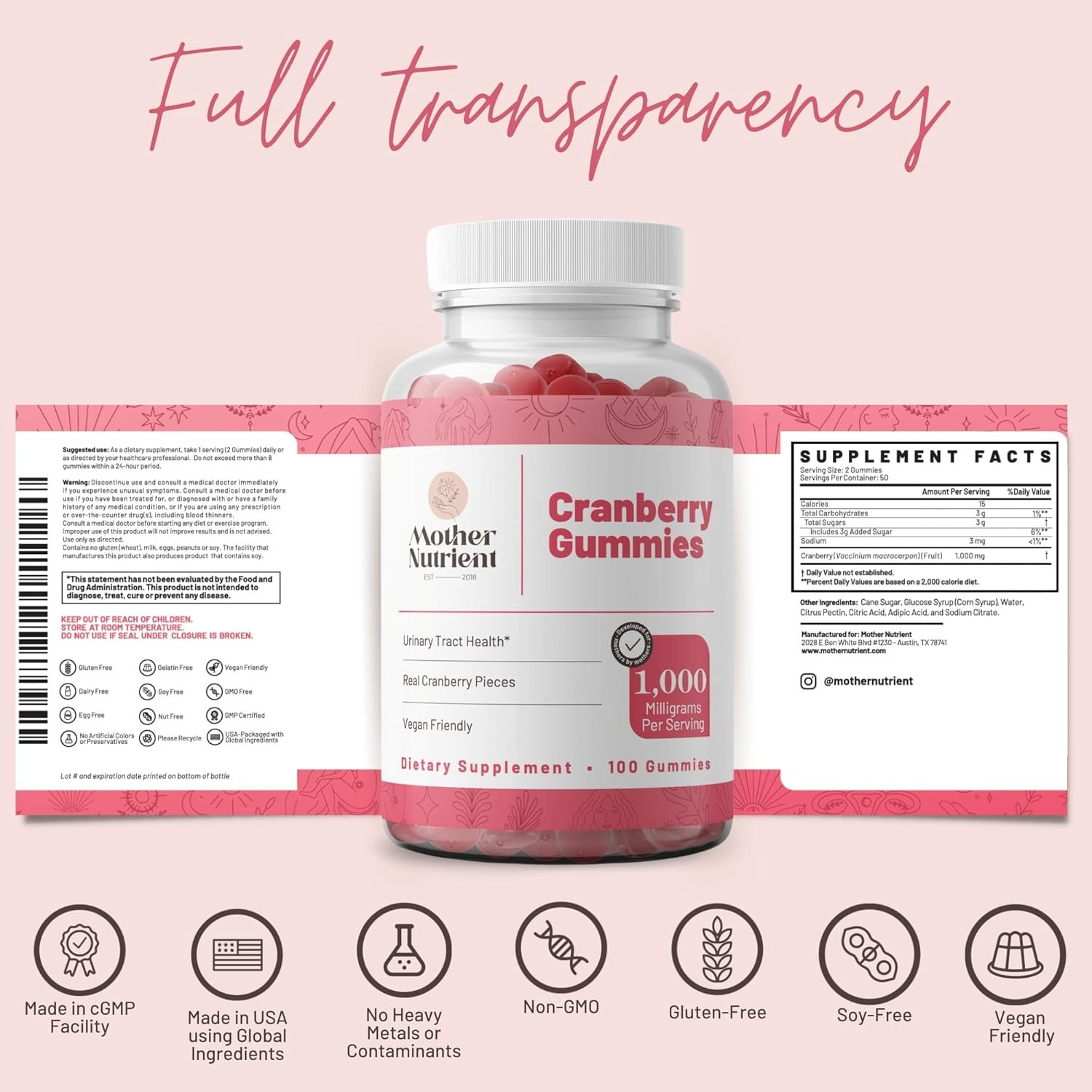 Mother Nutrient Cranberry Gummies Supplement for Women & Kids- Urinary Tract Health- Less Tart & 90% Less Sweet, Gluten-Free, Non-GMO, Vegan - Pure Cranberry Extract 1000mg - 100 Count. - Image 7