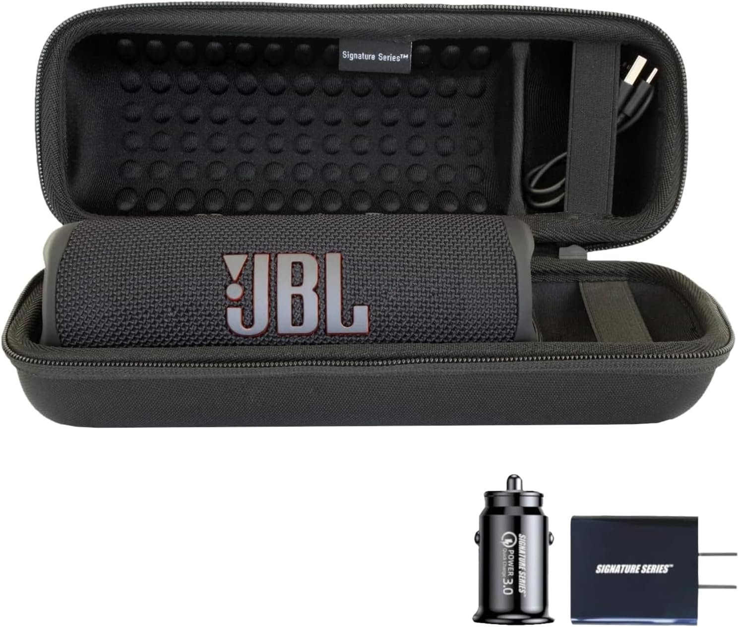 Signature Series Accessory Bundle for JBL Flip 6 Portable Bluetooth Speaker | Includes Signature Series Shockproof EVA Hard Case with Wall and Car Plugs (Black, Case Only) - Image 2