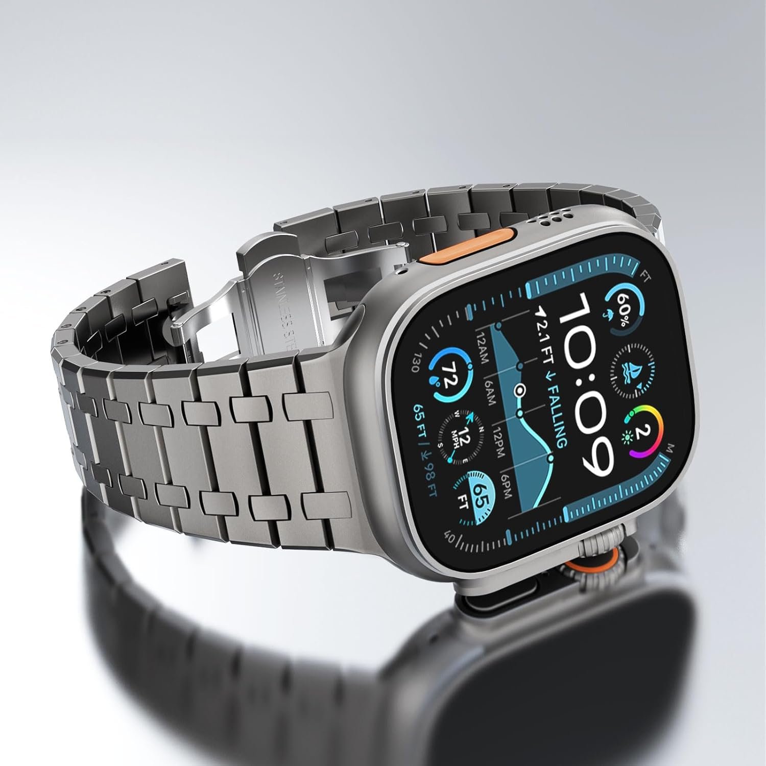 CHANCHY Stainless Steel Band Compatible with Apple Watch Ultra 2 Band 49mm, Series 10 46mm, 9/8/7 45mm, SE2/SE 6/5/4 44mm, 3/2/1 42mm, Metal Strap for Men Women (Titanium, 49mm 46mm 45mm 44mm) - Image 3