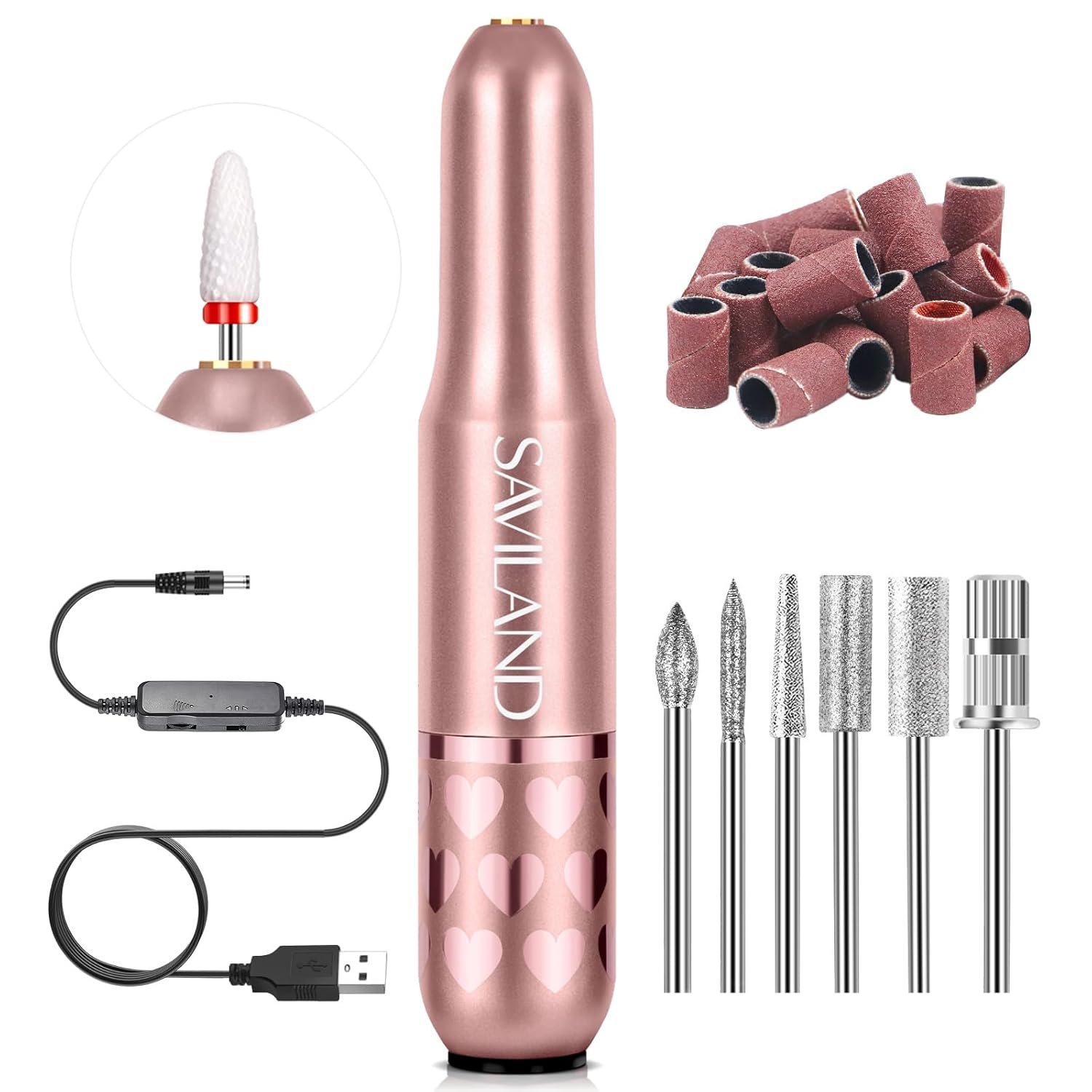 SAVILAND Acrylic Electric Nail Drill : Exclusive Love Series Portable Efile Nail Drill Machine Professional Complete Drill Bits for Remove Acrylic Nails Manicure & Toenails Nail Care Home Salon DIY - Image 2