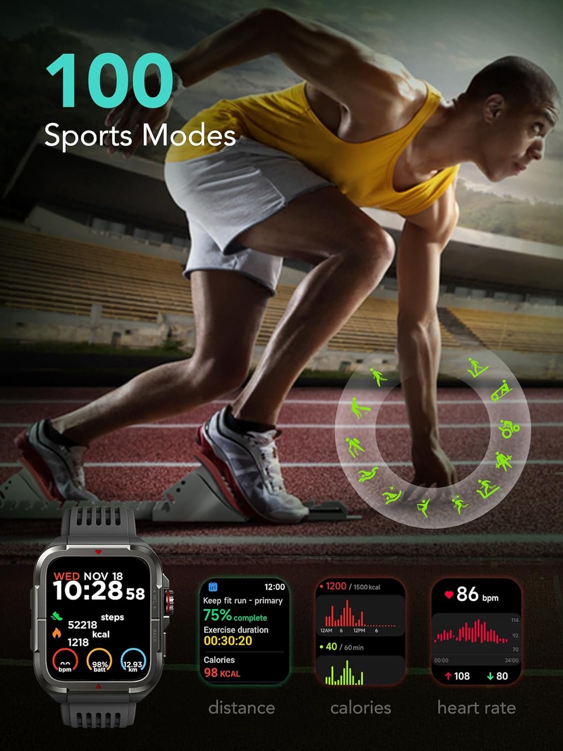 SKG R8 Smart Watch for Men Women (Answer/Make Call), 1.8" Military Smartwatch for Android iPhone with Alexa Built-in, IP68 Waterproof, Fitness Tracker with 100+ Sports Heart Rate/SpO2/Sleep Monitor - Image 7