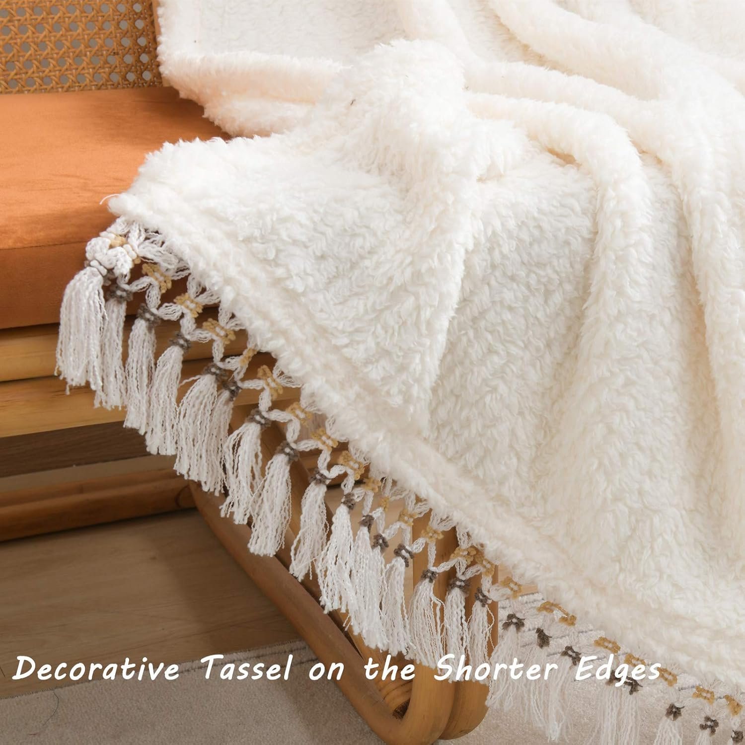 Ultra Soft Cozy Sherpa Throw Blanket, Light Weight Warm Decorative Throw Blanket with Tassel, Solid Antique White Pattern Reversible Boho Style Blanket for Sofa, Couch, Bedroom,Travel, 50”x60” - Image 3