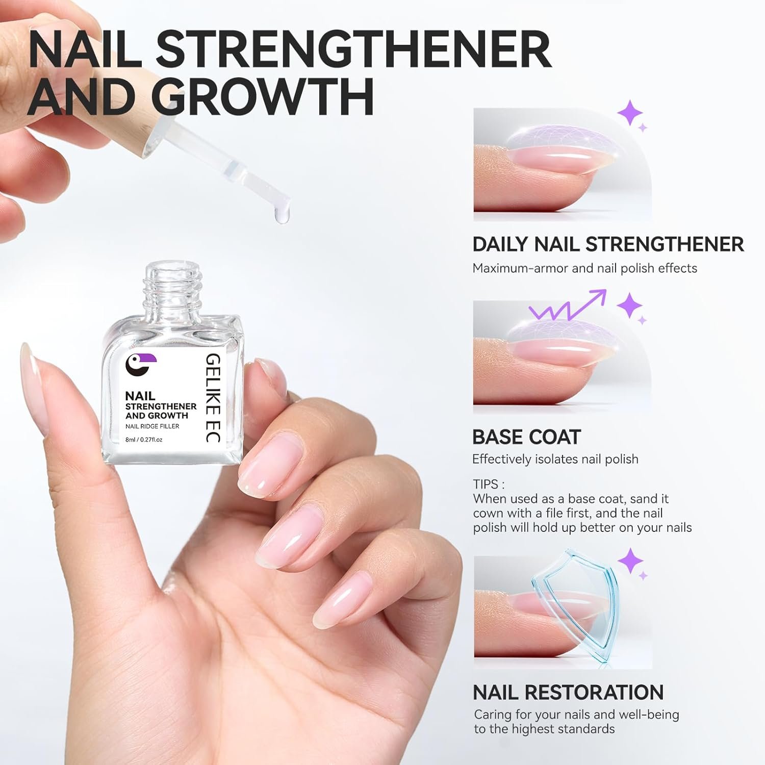 Nail Strengthener Protein for Damaged Nails: Gelike EC 8 in 1 Natural Nail Hardener Extra Strong and Growth - Long Lasting Nail Repair for Damaged Nails - Nail Growth Oil for Daily Work Home Salon - Image 3