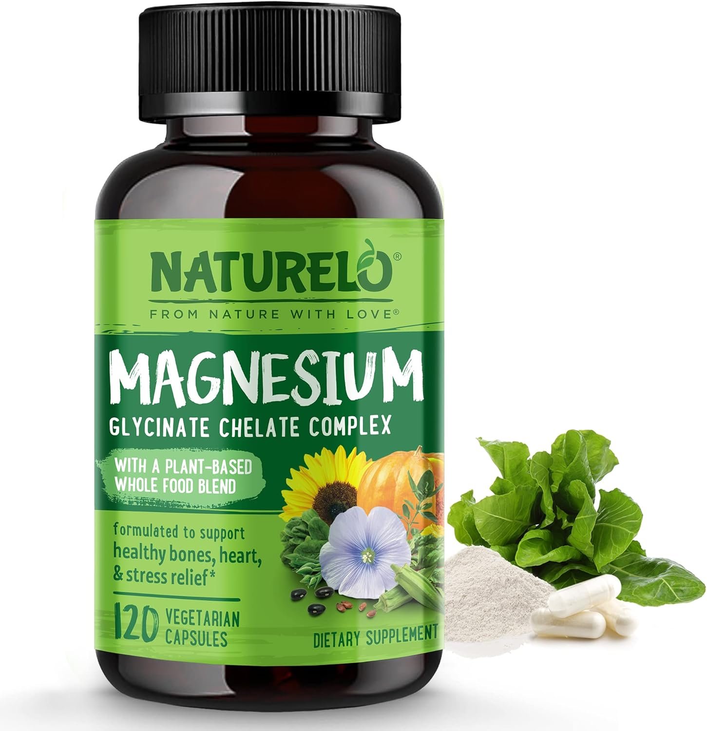 NATURELO Magnesium Glycinate Chelate Complex - 200 mg Magnesium with Organic Vegetables to Support Sleep, Calm, Muscle Cramp & Stress Relief – Gluten Free, Non GMO - 120 Capsules - Image 2