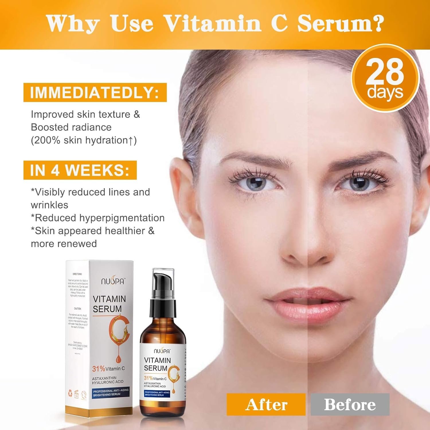 Vitamin C Serum for Face 2oz 31% Vitamin C Facial Moisturizer Serum Anti Aging Serum Reduces Age Spots and Sun Damage Natural Brightening Serum with Hyaluronic Acid and Astaxanthin - Image 4