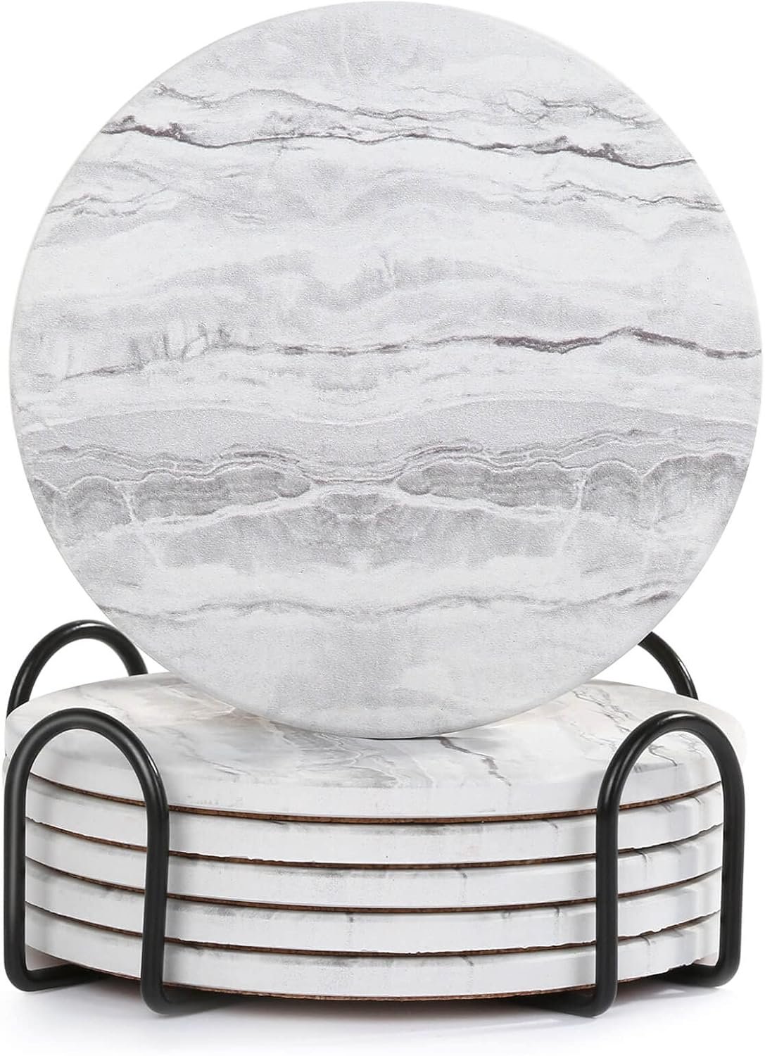 Acejoz Drink Coasters with Holder for Coffee Table, Absorbent Coaster Sets of 6, Marble Style Ceramic Coaster for Wooden Table, Suitable for Kinds of Cups, Home Decor, 4 Inches - Image 2