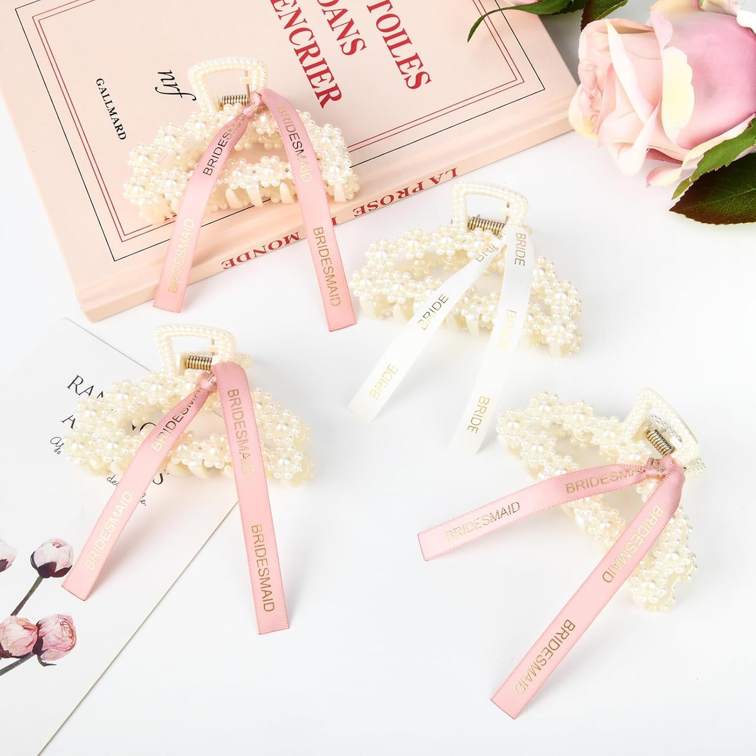 DEEKA Bridesmaid Proposal Gifts 8 Pack Pearl Bridesmaid Hair Claw Clips with Ribbon 3 Inch Hair Clips Bachelorette Party Favors Bridal Party Present Hair Accessories (Half Circle White&Rose Gold) - Image 7