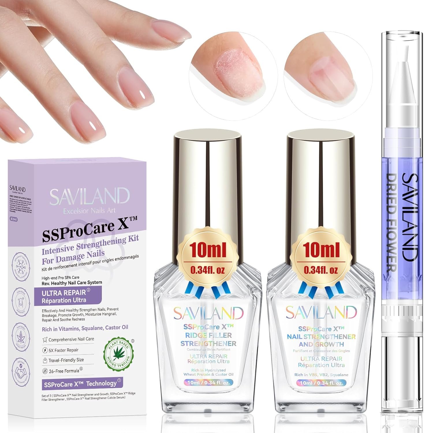 SAVILAND 3-in-1 Nail Strengthener Kit: Ultra Repair Nail Growth and Strengthener with Vitamin E Castor Oil Nail Strengthener for Damaged Nails Care Kit for Repairing Nourishing Weak Brittle Nail Home - Image 2