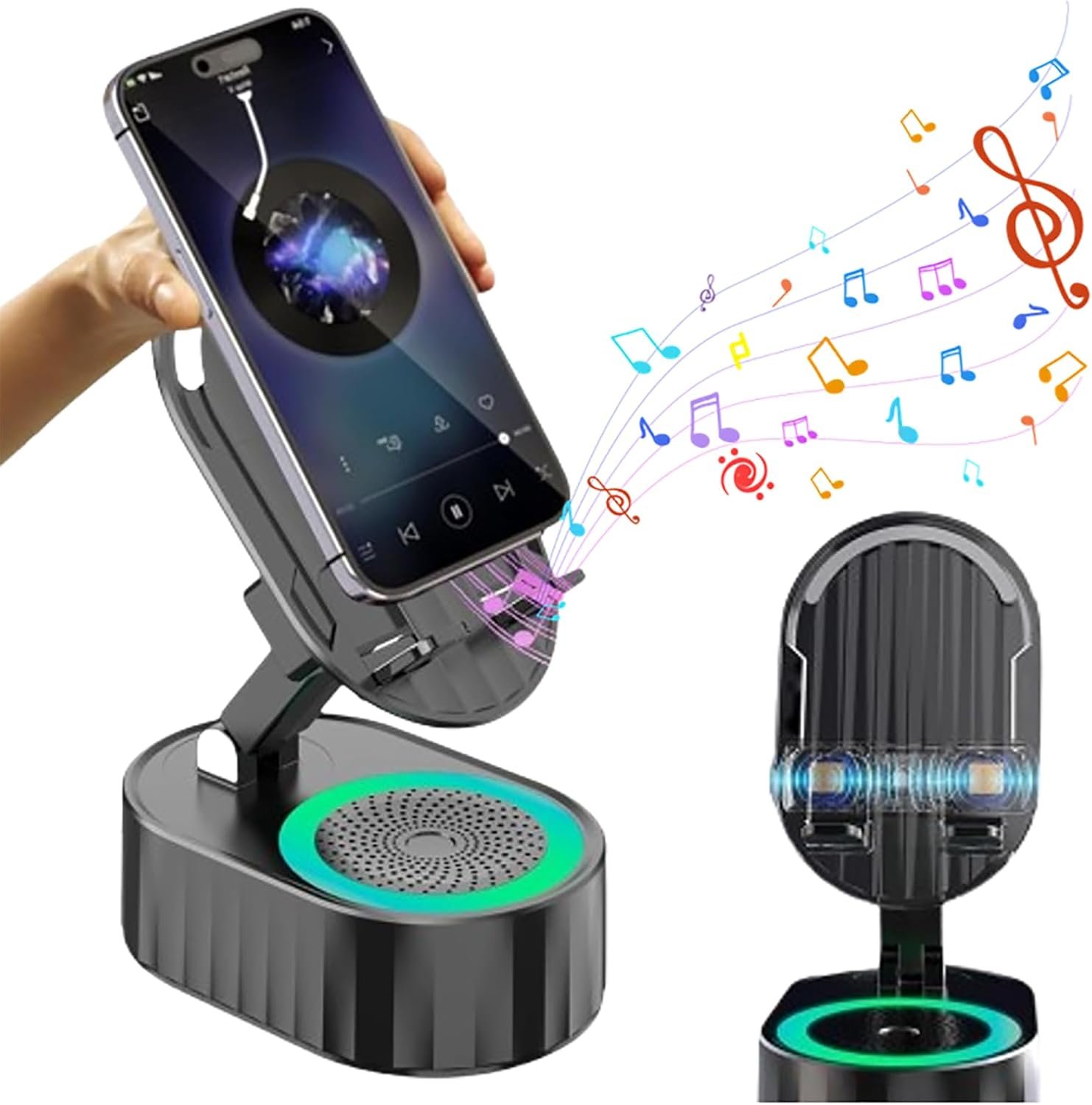Wireless Induction Audio Bluetooth Speaker, 5-in-1 Bluetooth Audio Power Bank Bracket Induction Bracket Speaker 360°Rotating Folding Lifting Charging Treasure Holder, Gifts for Men Women (Black) - Image 2