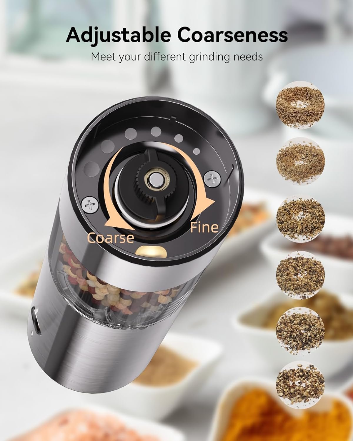 Electric Salt or Pepper Grinder Set Rechargeable with LED lights - Stainless Steel Automatic Pepper or Salt Grinder Refillable with 6 Adjustable Coarseness - Image 4