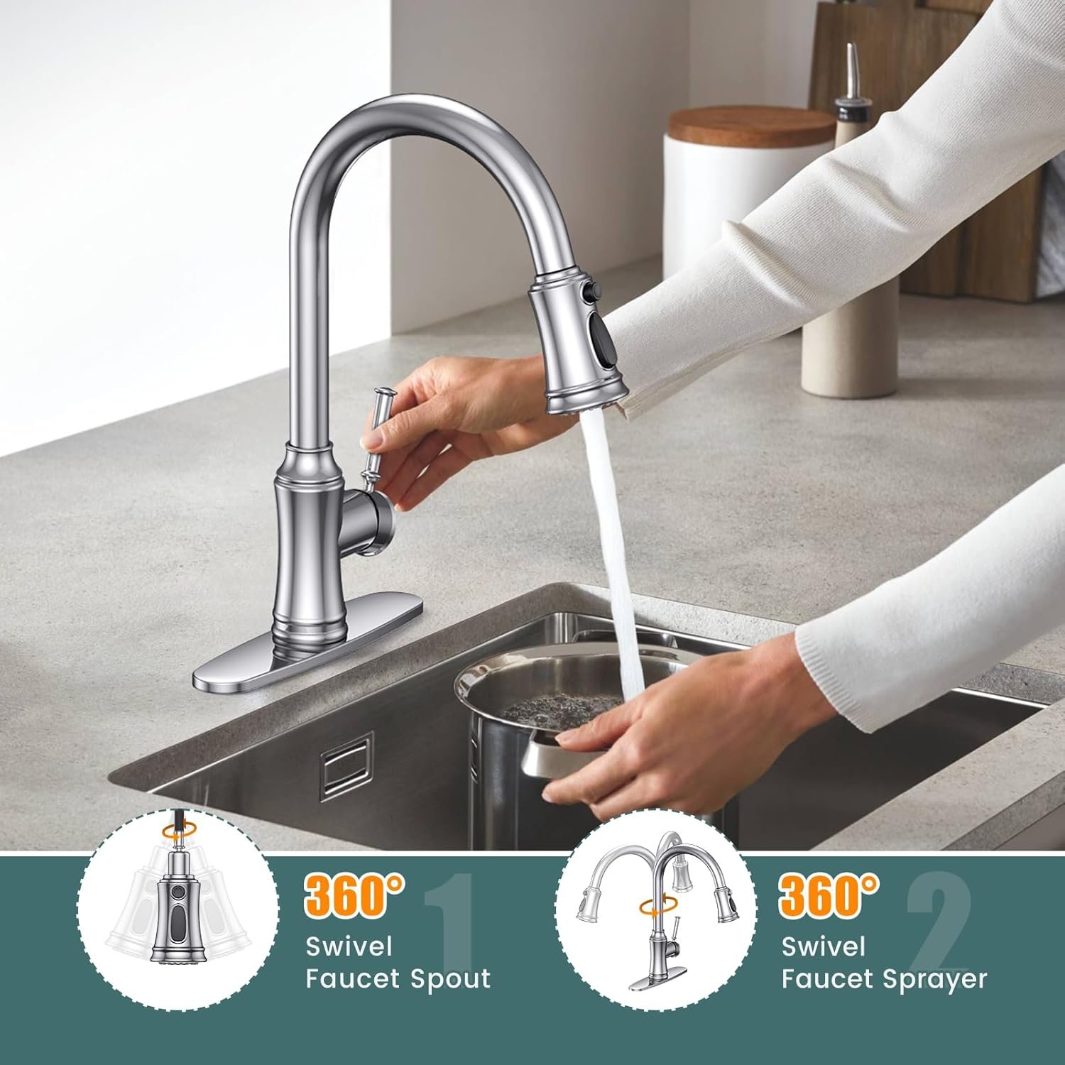Kitchen Faucet with Pull Down Sprayer, Single Handle High Arc Utility Sink Faucet with Deck Suitable for bar for Kitchen Sink, Laundry Sink, Wet Bar or RV, Brushed Nickel - Image 4