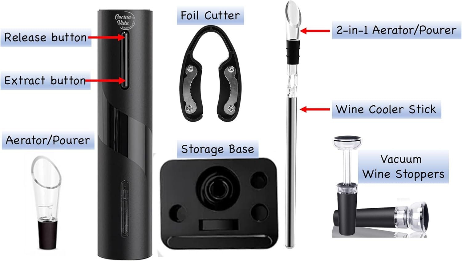 Cocina Vida 8 Piece Electric Wine Bottle Opener Set Includes Foil Cutter, 2 Aerators, Bonus Chill Stick & 2 Vacuum Stoppers and Storage Base - Perfect Wine Lovers Gift- Wine Accessories - Image 6