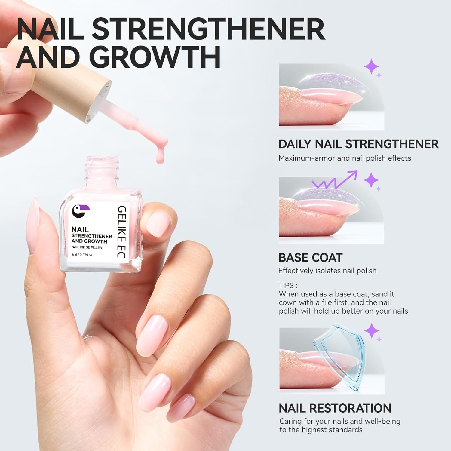 Gelike EC Nail Growth Treatment: Natural Nail Strengthener for Weak and Damaged Nails, Protein Nail Hardener for Home Salon Work, Pink - Image 3