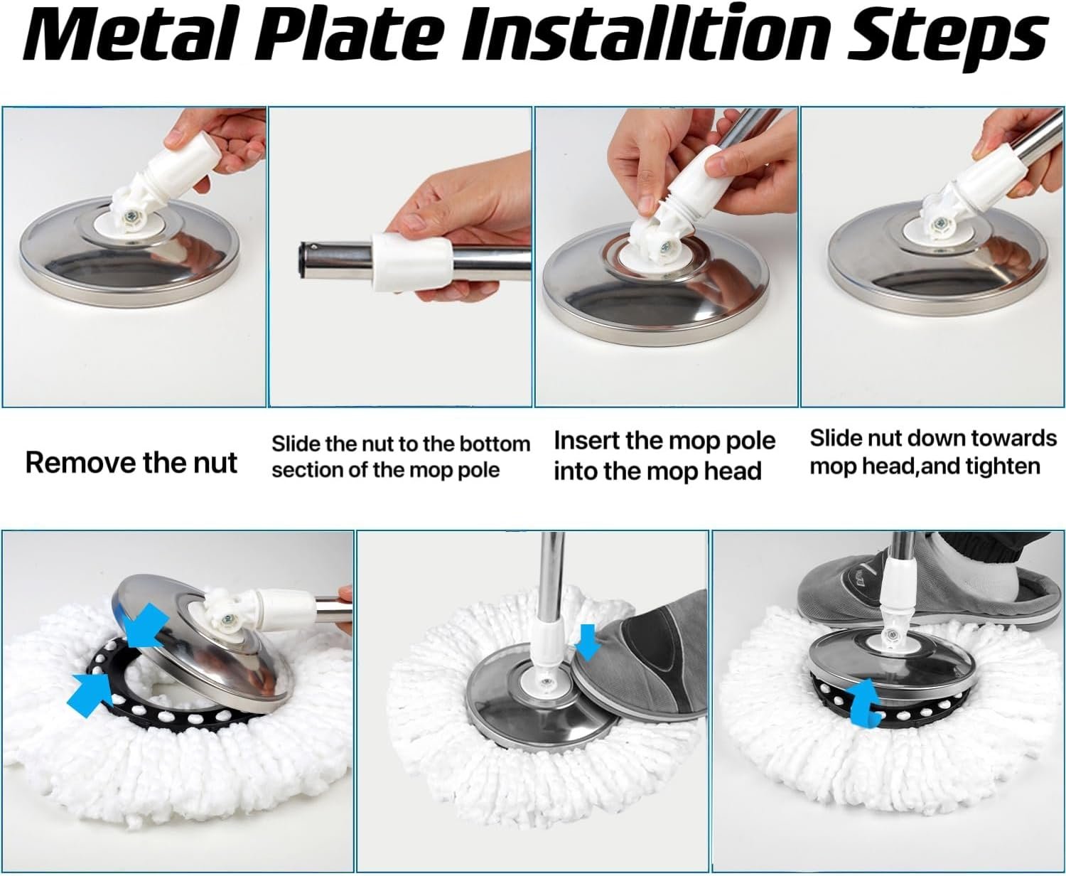 Spin Mop and Bucket with Wringer Set, 360° Mop and Bucket Set for Floor Cleaning, Stainless Steel 61" Adjustable Extended Handle with 3 Microfiber Mop Refills, Blue - Image 8