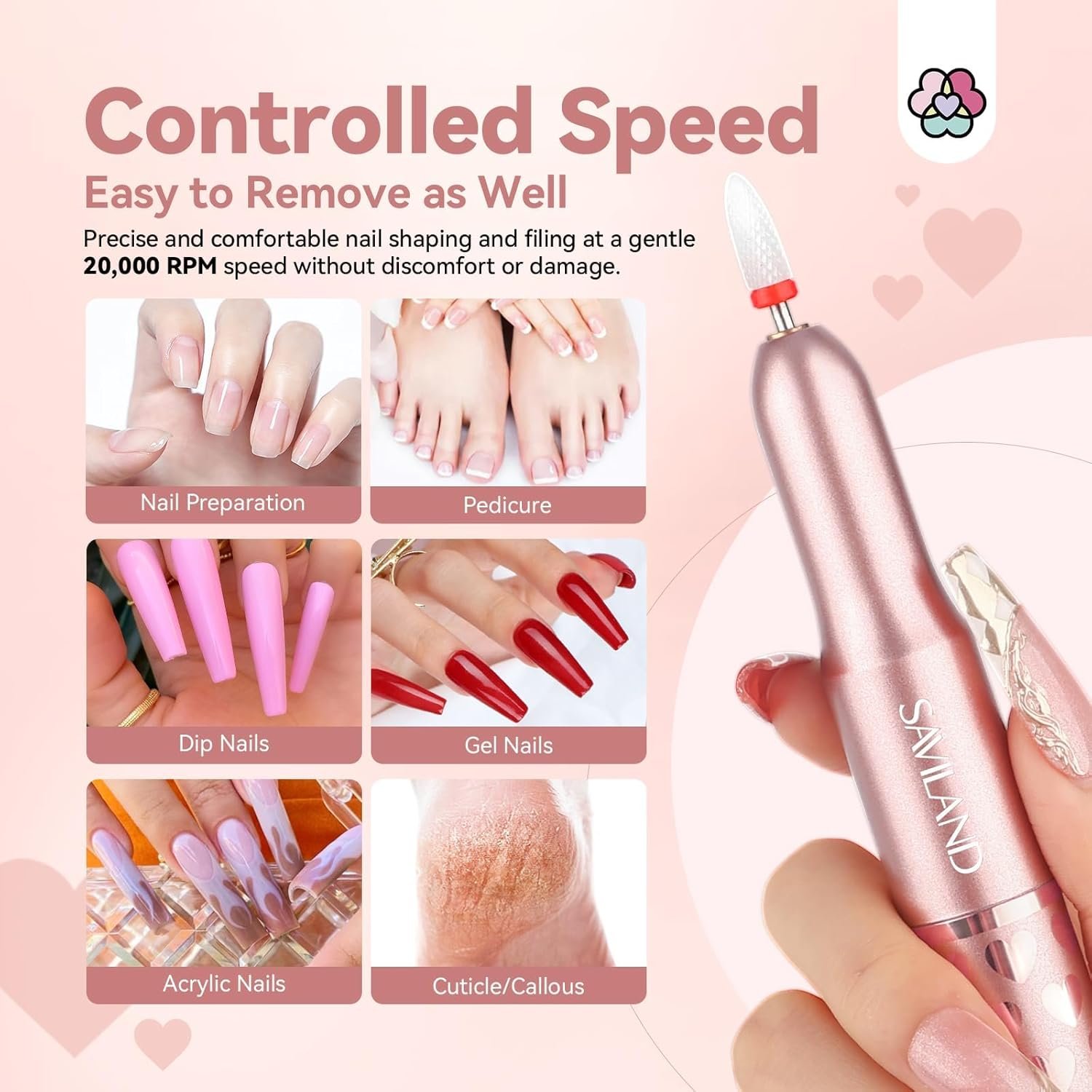 SAVILAND Acrylic Electric Nail Drill : Exclusive Love Series Portable Efile Nail Drill Machine Professional Complete Drill Bits for Remove Acrylic Nails Manicure & Toenails Nail Care Home Salon DIY - Image 3