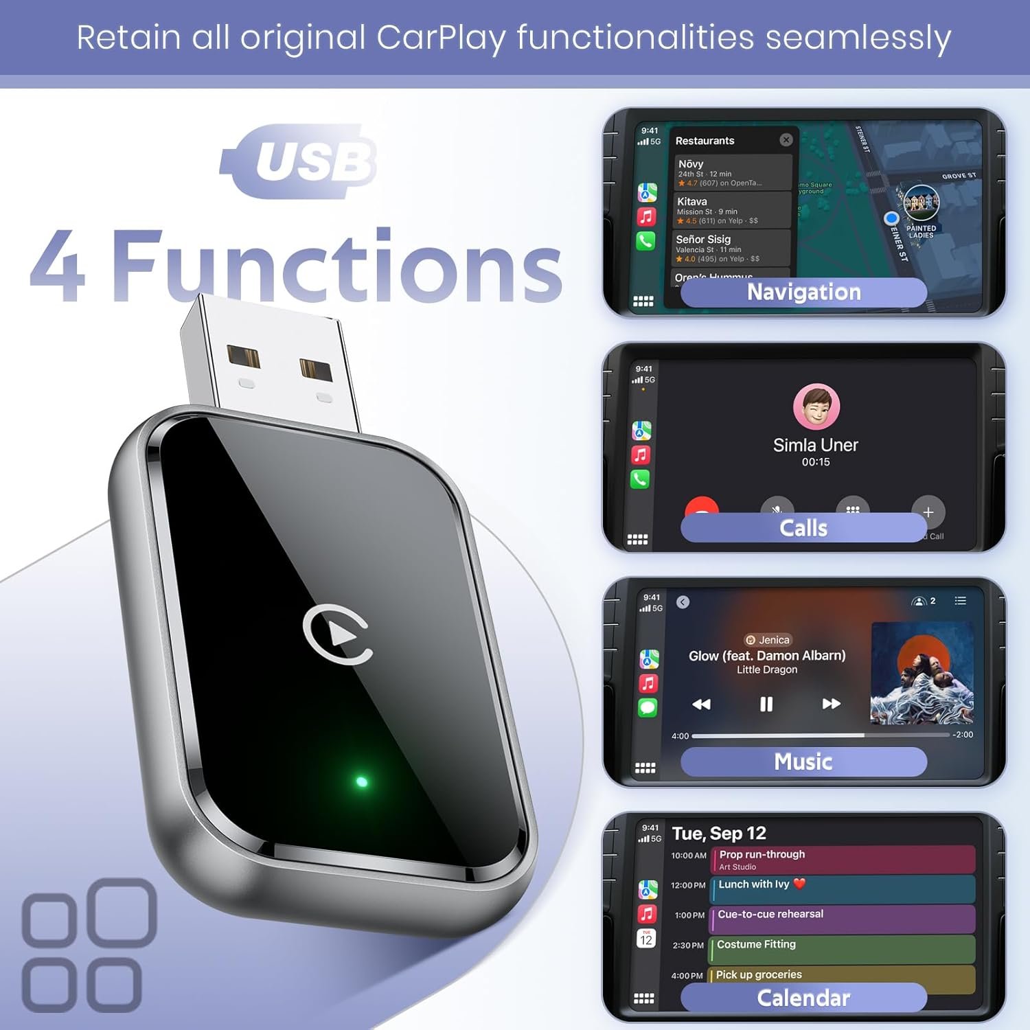 Wireless CarPlay Adapter for iPhone, Convert Wired to Wireless Apple CarPlay Adapter, Mini Size with Extension Cable USB & USB-C/Type-C, Stable Control & No Delay, Black - Image 6