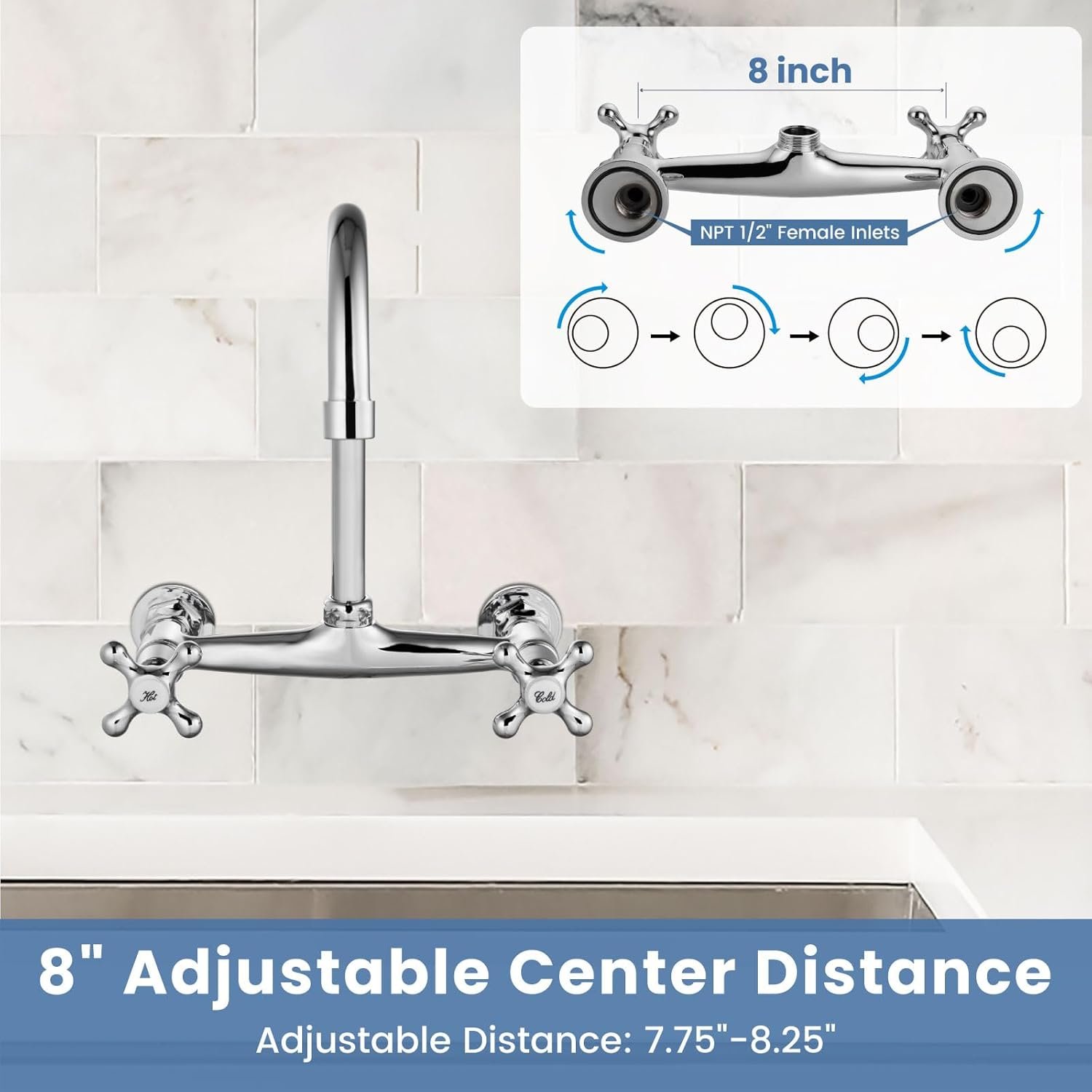 Airuida Chrome Polish Wall Mounted Kitchen Sink Faucet Wall Mounted Commercial Kitchen Faucet Wall Mount 8 Inches Center Faucet, 360 Degree Swivel Spout Mixer Laundry Restaurat Tap with Female Thread - Image 6