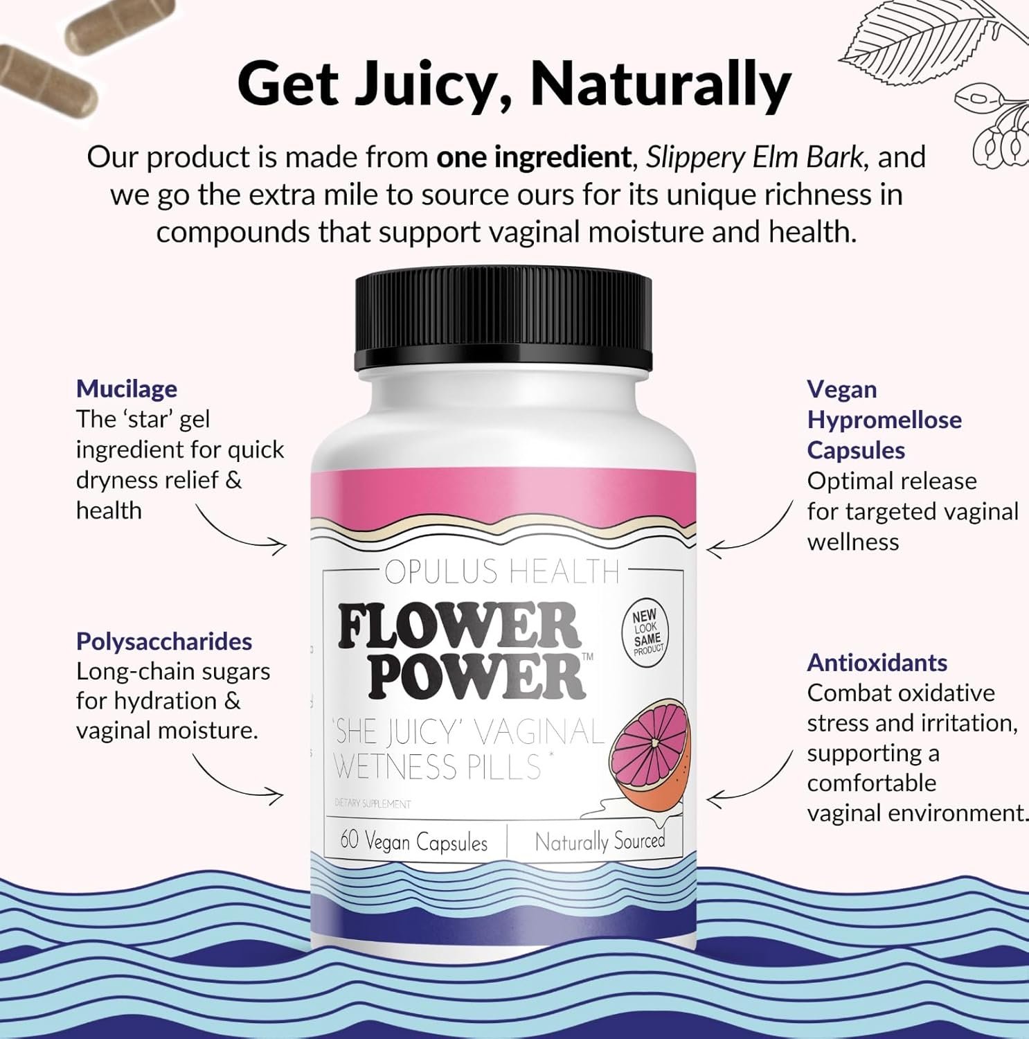 Flower Power She Juicy Vaginal Moisturizer | Feminine Care for Women - 60 ct - End Vaginal Dryness with Slippery Elm Bark | Feminine Care for Vaginal Health - Made in USA - Image 3