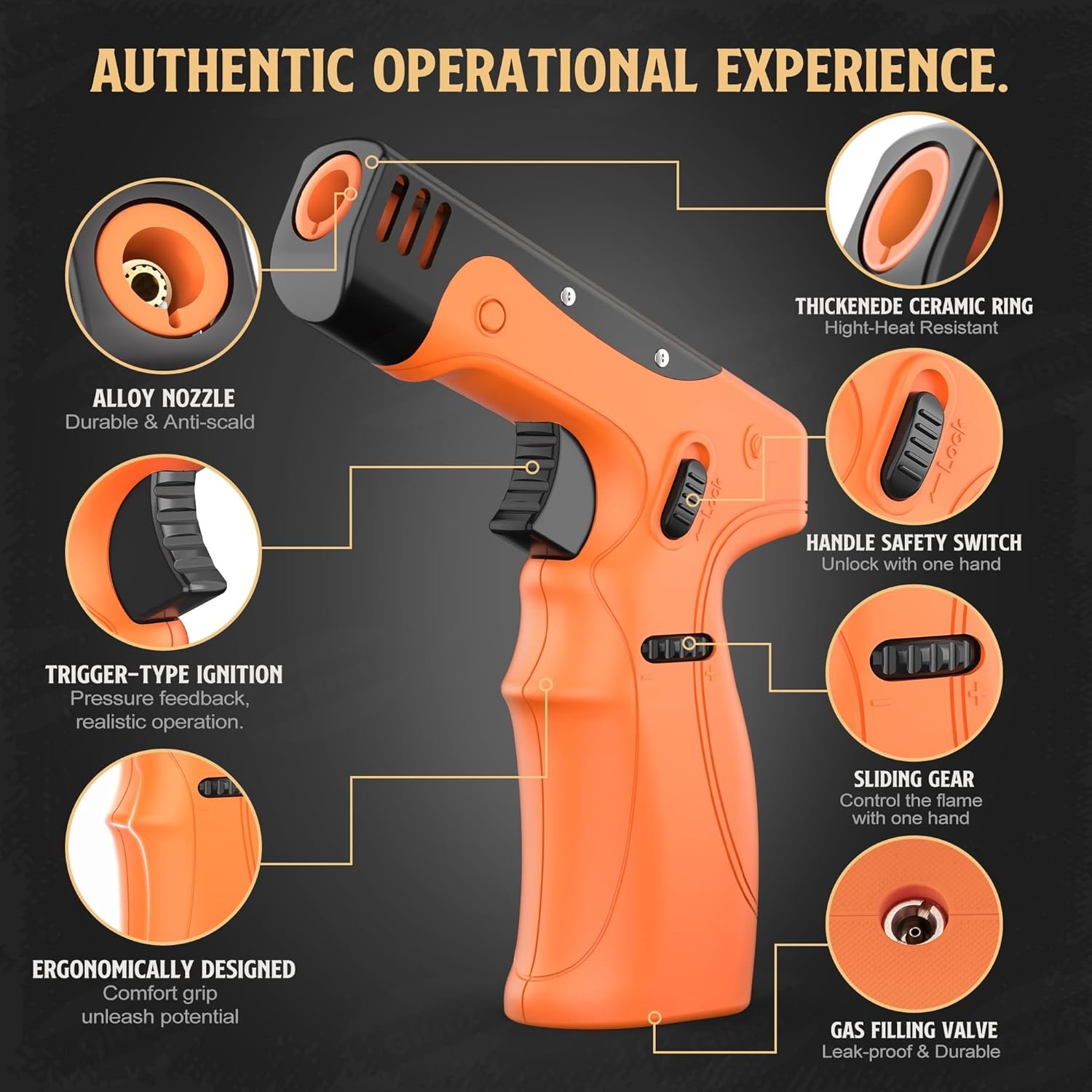 GIBOT Butane Torch Lighter Gun, Refillable Cooking Torch with Adjustable Flame & Safety Lock, Ergonomically Designed Gun lighter for Cooking Welding Grill Industrial Butane Gas Not Included(Orange) - Image 3