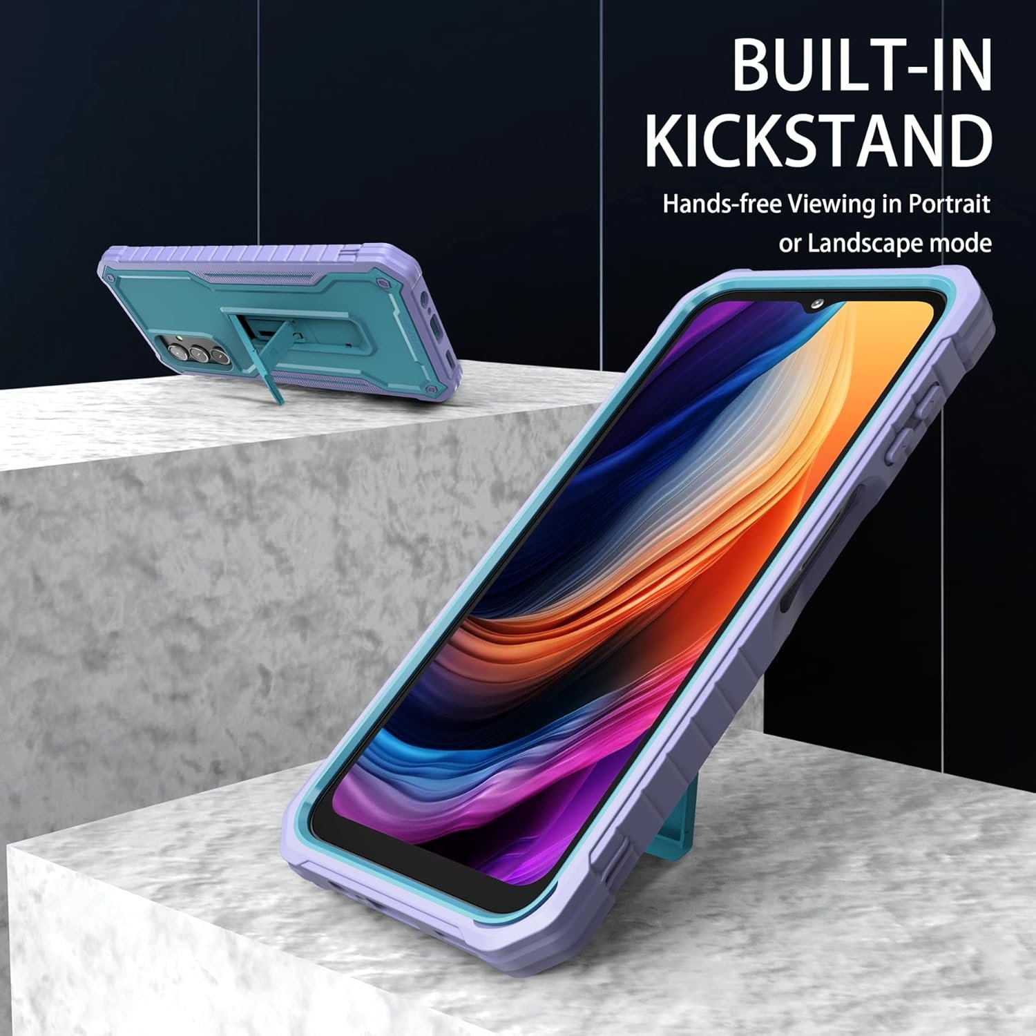 DUOPAL for Samsung Galaxy A14 Case, Military Grade Protection Shockproof Case with Tempered Glass HD Screen Protector and Kickstand Compatible with Galaxy A14 Phone 6.8 Inch (Purple Blue) - Image 5