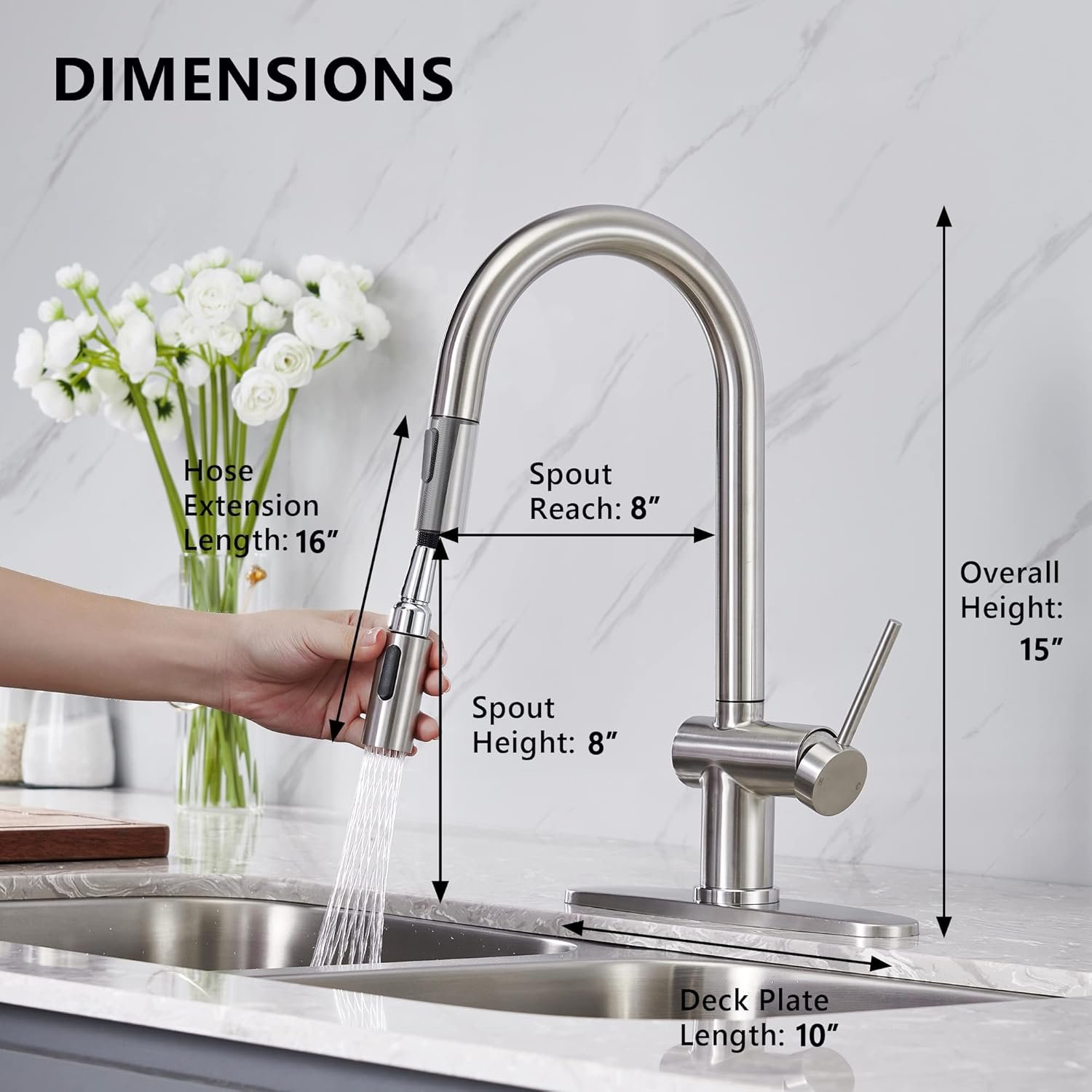 Kitchen Faucet with Pull Down Sprayer, Modern Stainless Steel Single Handle Kitchen Sink Faucet, Single Hole Kitchen Faucet with 10" Deck Plate (Brushed Nickel) - Image 7