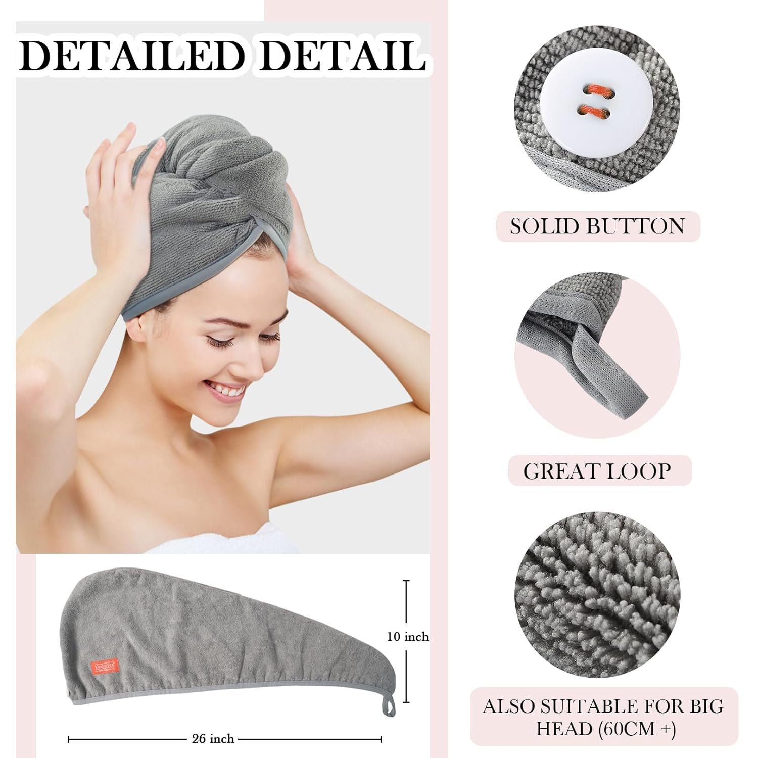 YoulerTex Ultra Plush Microfiber Hair Towel Wrap for Women, 2 Pack 10 inch X 26inch Purple, Ultra Absorbent Twist Hair Turban Drying Cap Hair Wrap, for Drying Curly, Long & Thick Hair (Gray) - Image 4