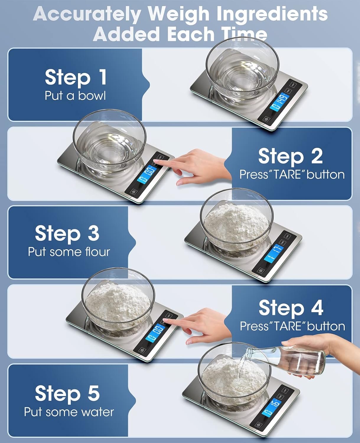Nicewell Food Scale, 22lb Digital Kitchen Scale Weight Grams and oz for Cooking Baking, 1g/0.1oz Precise Graduation, Stainless Steel and Tempered Glass (Ash Silver) - Image 5