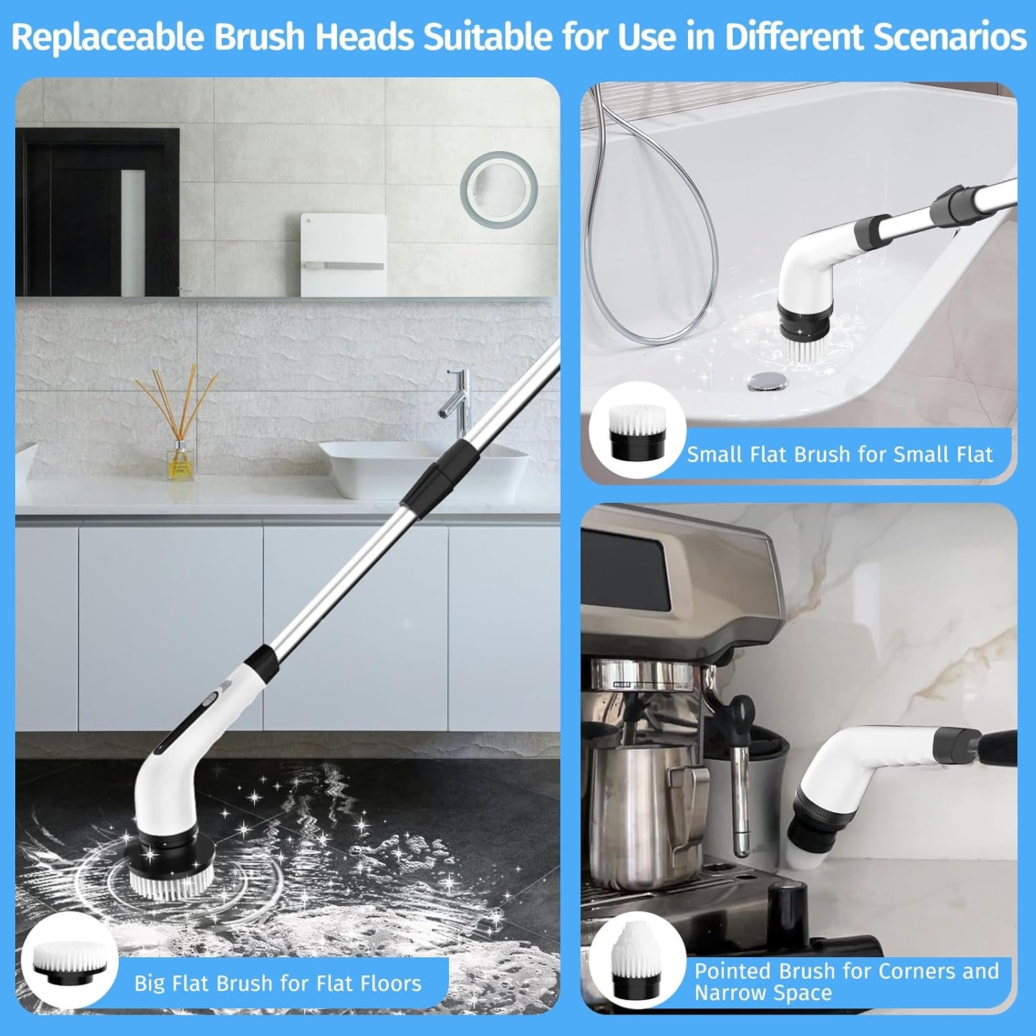 Electric Spin Scrubber, Shower Scrubber with Long Handle, Adjustable & Detachable Handle with 7 Replaceable Heads, 2 Speeds Cordless Electric Cleaning Brush for Bathroom/Tub/Floor/Tile - Image 7