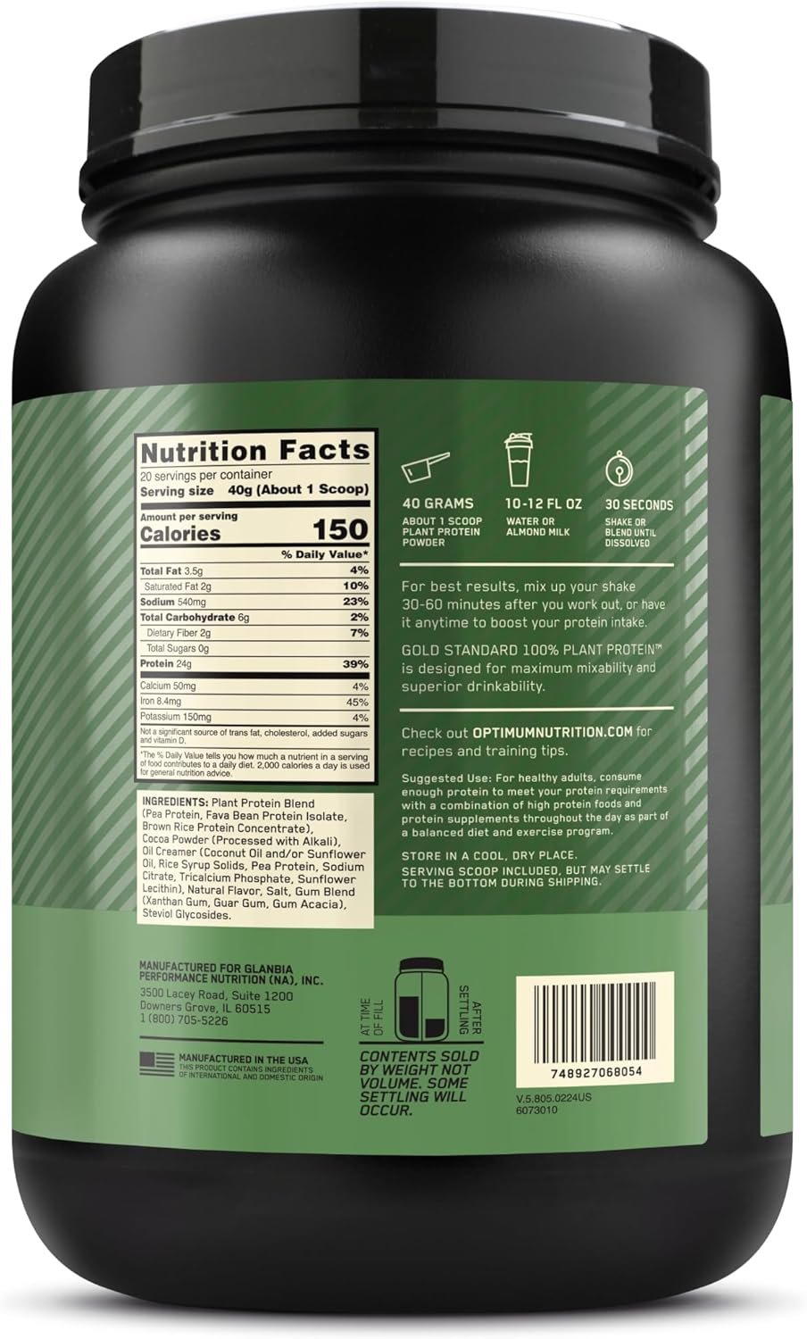 Optimum Nutrition Gold Standard 100% Plant Based Protein Powder, Gluten Free, Vegan Protein for Muscle Support and Recovery with Amino Acids - Rich Chocolate Fudge, 20 Servings (Packaging May Vary) - Image 9