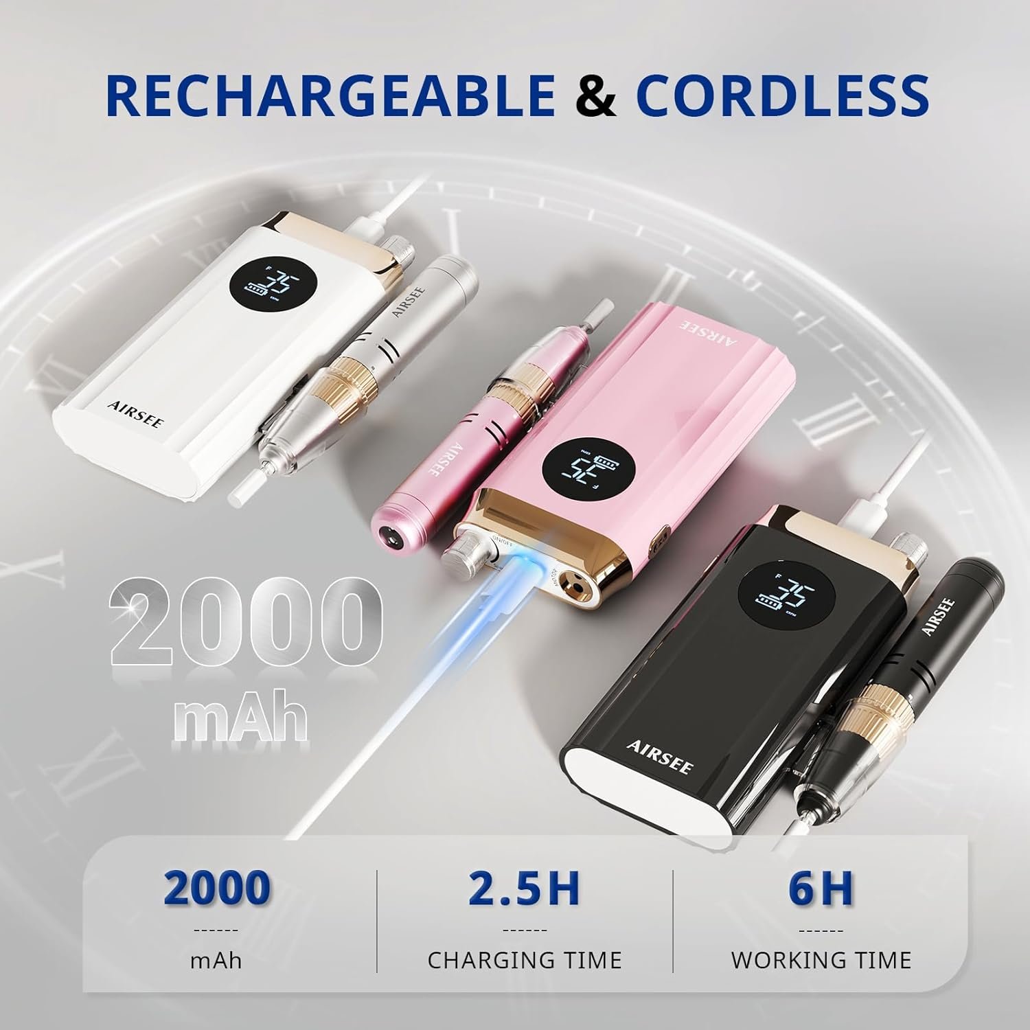 AIRSEE Professional Portable Nail Drill 35000RPM,Rechargeable Cordless Nail Drill for Manicure Salon Home, Eletric Nali E File for Acrylic Nails Gel Polishing Removing, EW4 White - Image 5