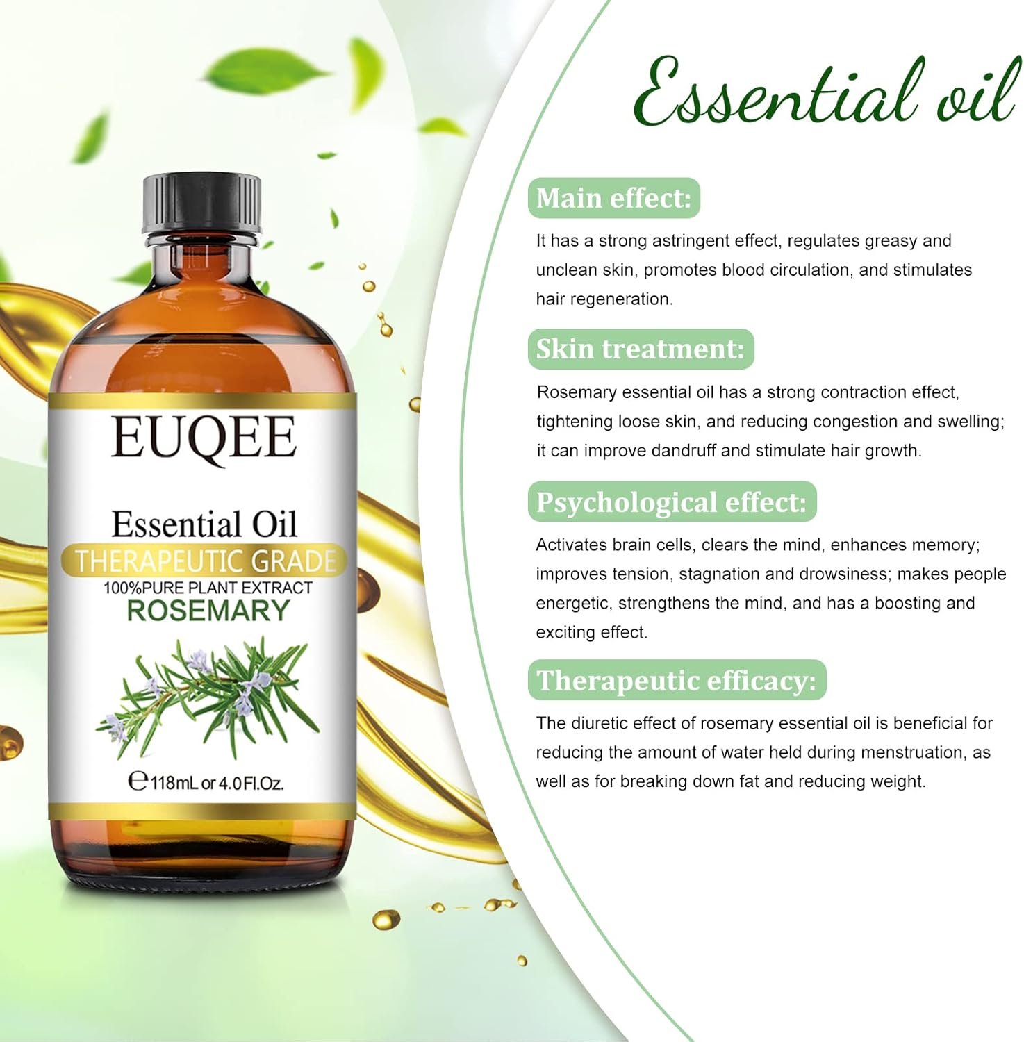 EUQEE Rosemary Essential Oil 118ml Pure Rosemary Oil with Glass Dropper for Aromatherapy, Diffuser, Soap & Candle Making - 4Fl.Oz - Image 9