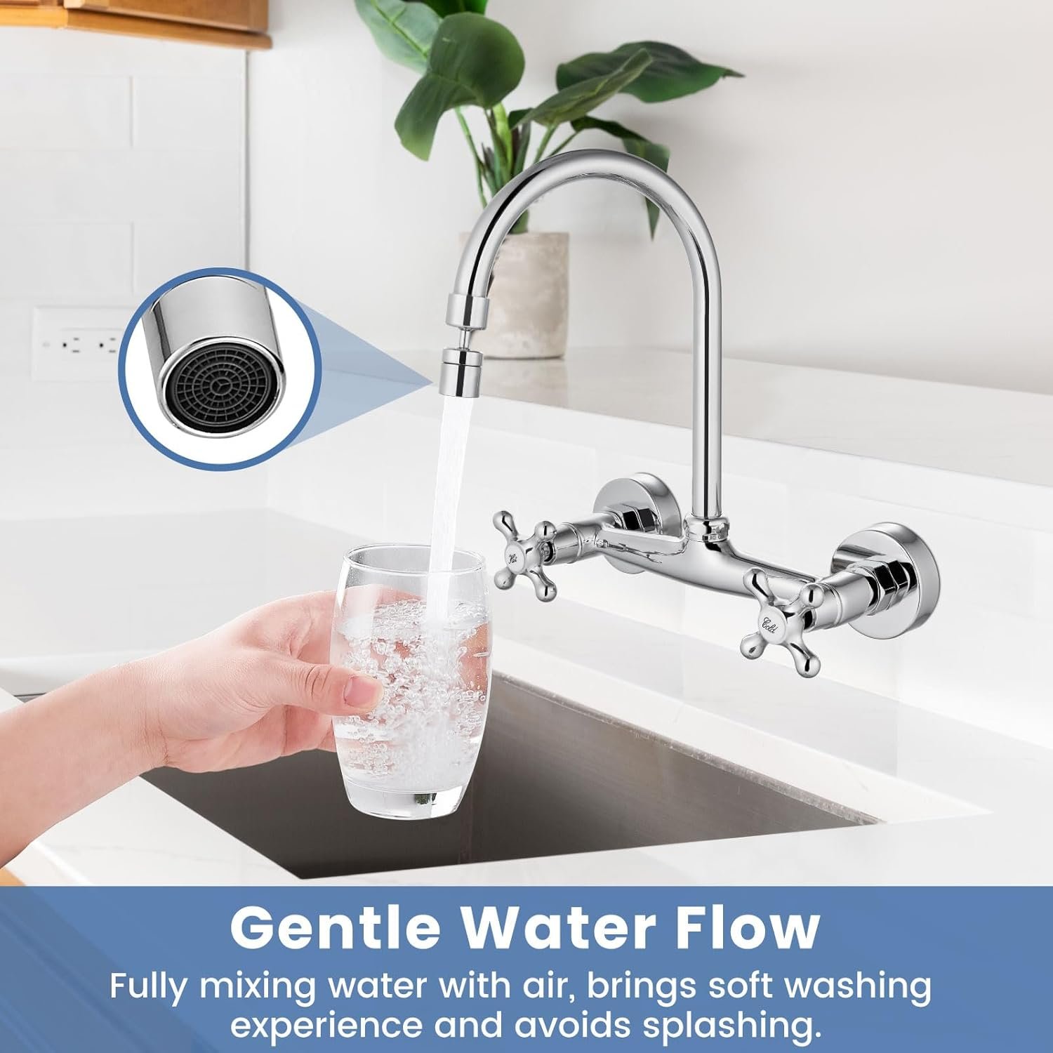 Airuida Wall Mount Kitchen Faucet with Sprayer Wall Mounted Kitchen Sink Faucet Double Cross Handles 360 Degree Swivel Spout Restaurant Mixer Tap Commercial 8 Inch Center Chrome Polish - Image 3