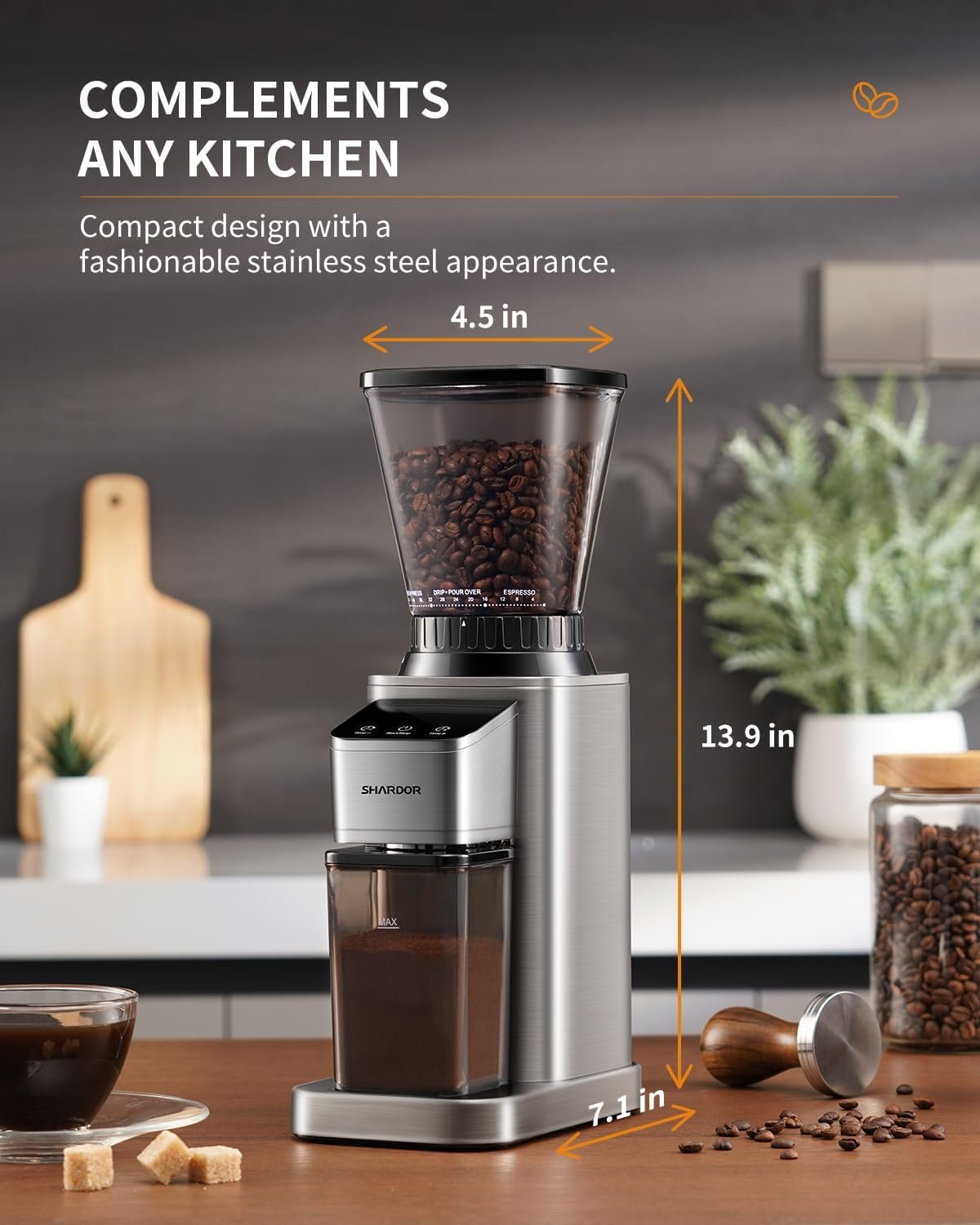 SHARDOR Conical Burr Coffee Grinder Electric, Adjustable Touchscreen Burr Mill with 48 Precise Settings, Precision Electronic Timer, Anti-static, Brushed Stainless Steel - Image 7