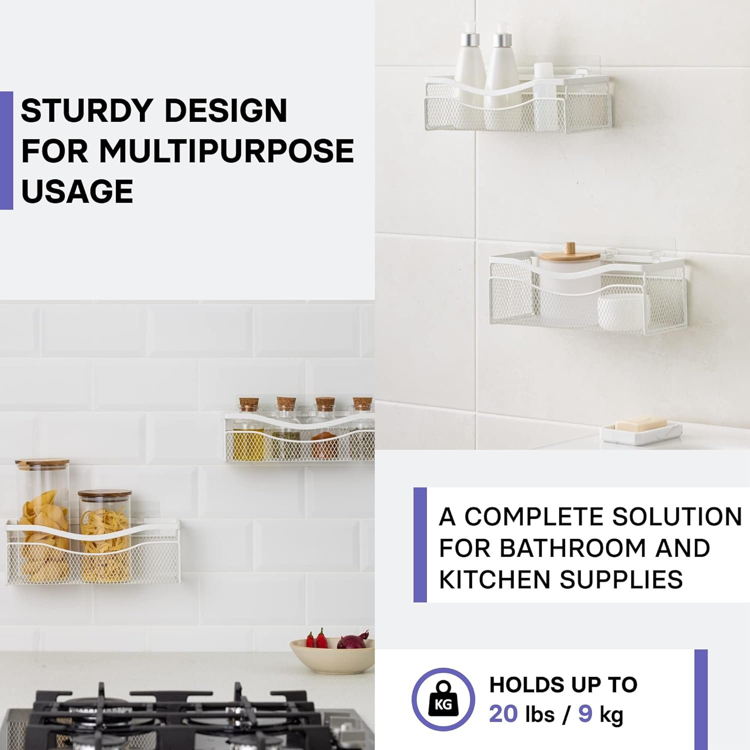 KINCMAX Mesh Shower Caddy (2-Pack), Rustproof Stainless Steel, Adhesive Wall Mount Baskets with Hooks, Mesh Design (Matta White) - Image 5