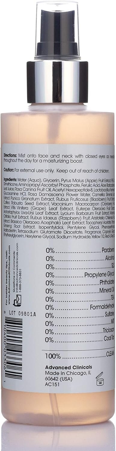 Advanced Clinicals Vitamin C Glow Facial Mist Toner for Face W/Rosewater, Ferulic Acid, & Peptides. Vitamin C Antioxidant Moisturizer Face Mist Provides Instant Skin Hydration, Non-Greasy, 8 Fl Oz - Image 5