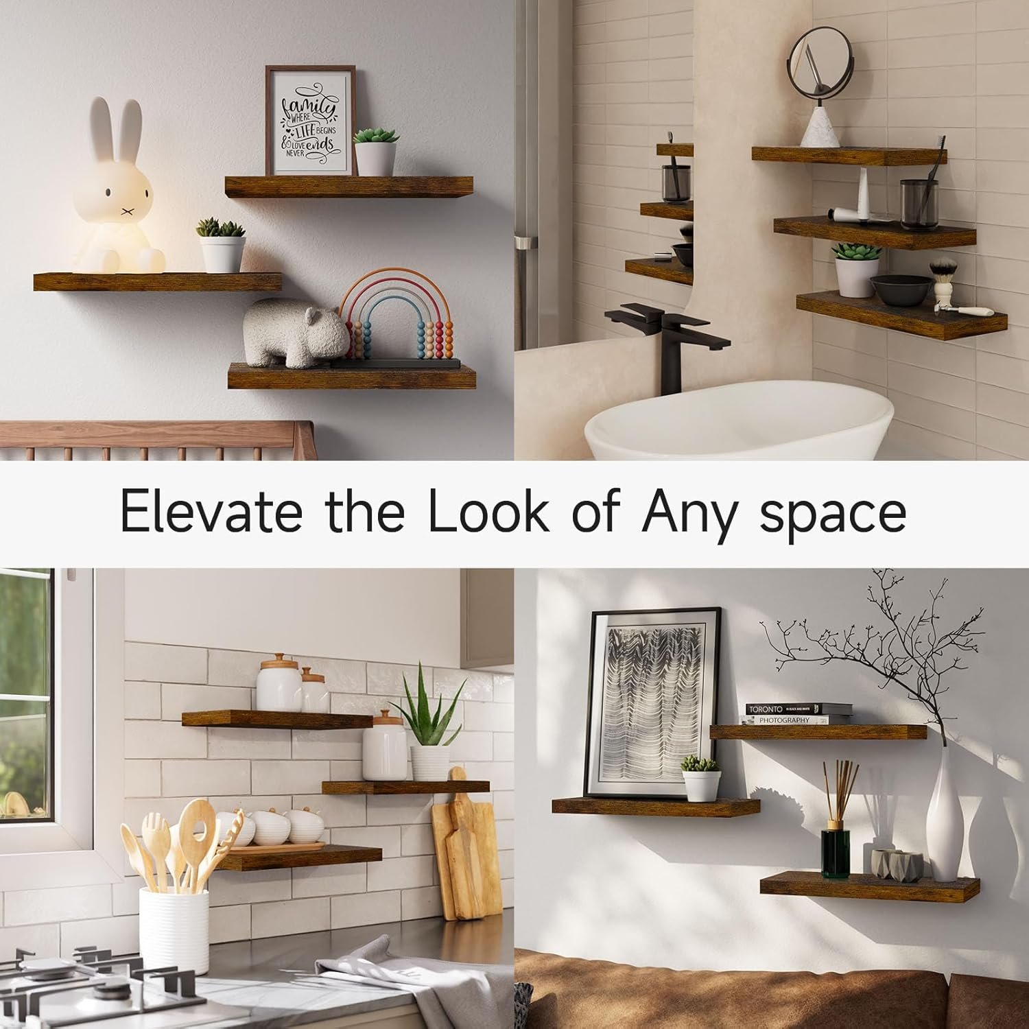 BAYKA Floating Wood Shelves - Wall Mounted for Bathroom,Bedroom,Living Room,Kitchen,Small Hanging Shelf for Books/Storage/Room Decor with 22lbs Capacity(Rustic Brown,Set of 3,16inch) - Image 5