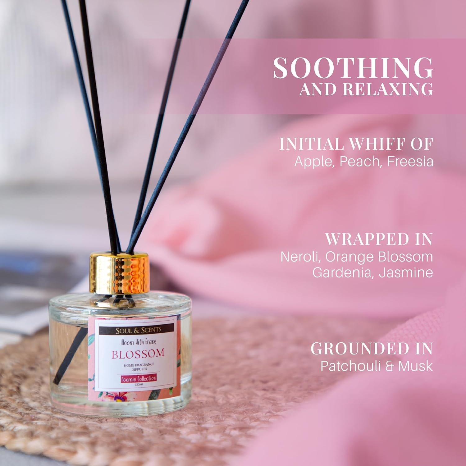 Soul & Scents Blossom Scented 4.06 oz (120ml) Reed Diffuser Set with 6 Fiber Sticks for Room Decor | Home Fragrance Reed Diffuser | Air Freshners for Home - Image 3