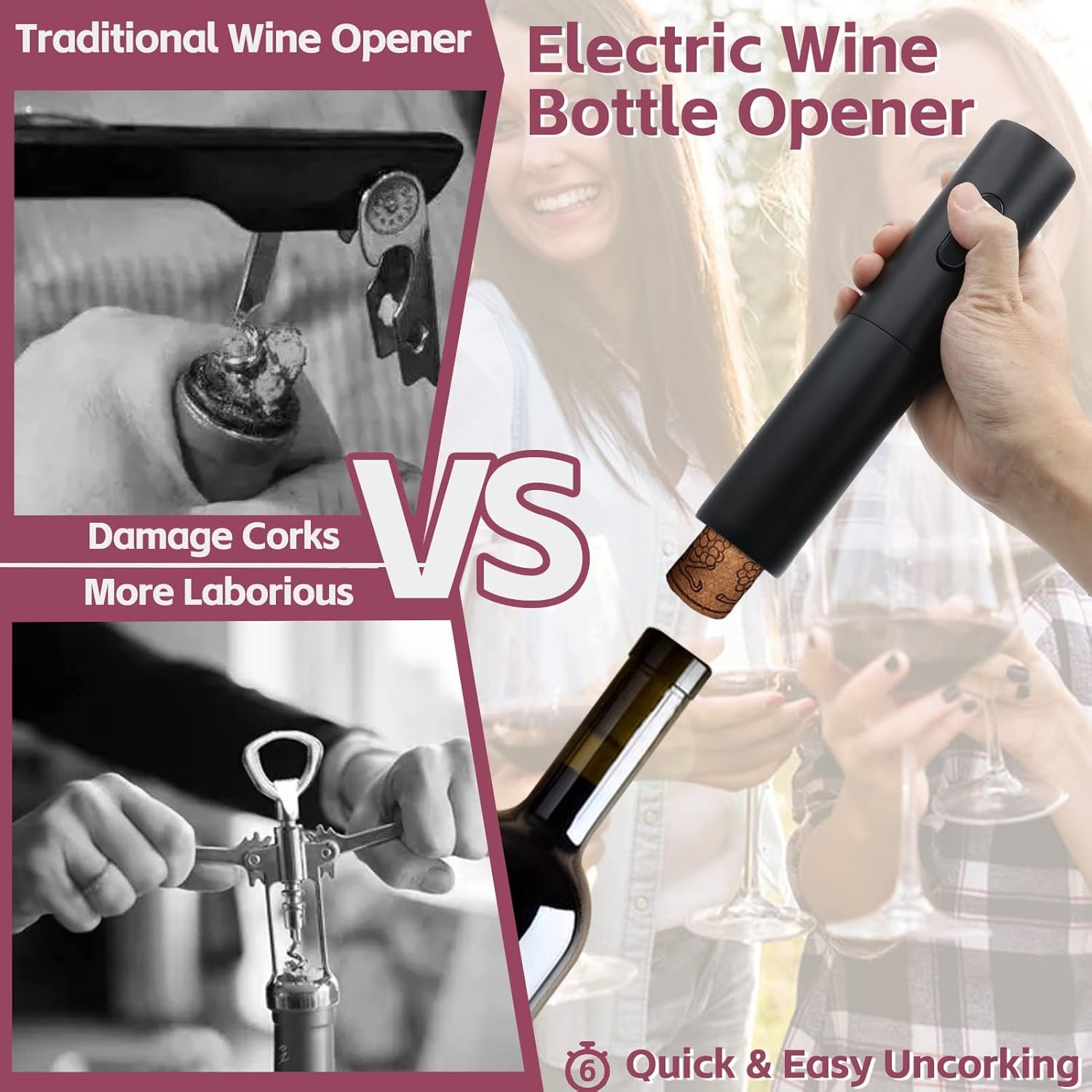 Electric Wine Opener Battery Operated Automatic Wine Bottle Opener with Wine Stopper & Foil Cutter for Wine Bottles, One-click Button Wine Corkscrew for Kitchen Bar Wine Lovers House Warming Gifts - Image 3