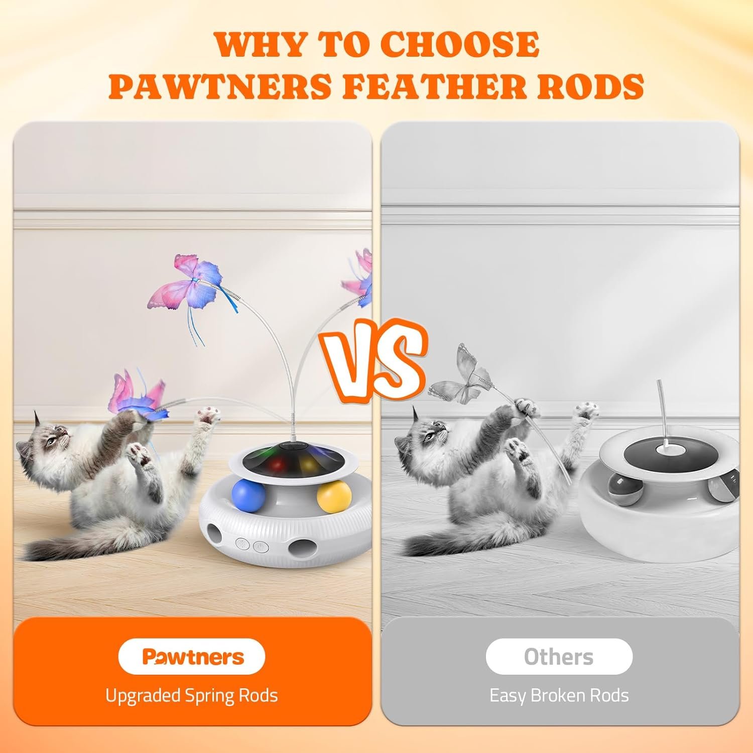 Pawtners 1-Pack Fluttering Butterfly Replacement and 2-Pack Feather Rods for 3 in 1 Automatic Interactive Cat Toy Rechargeable Kitten Toys - Image 4