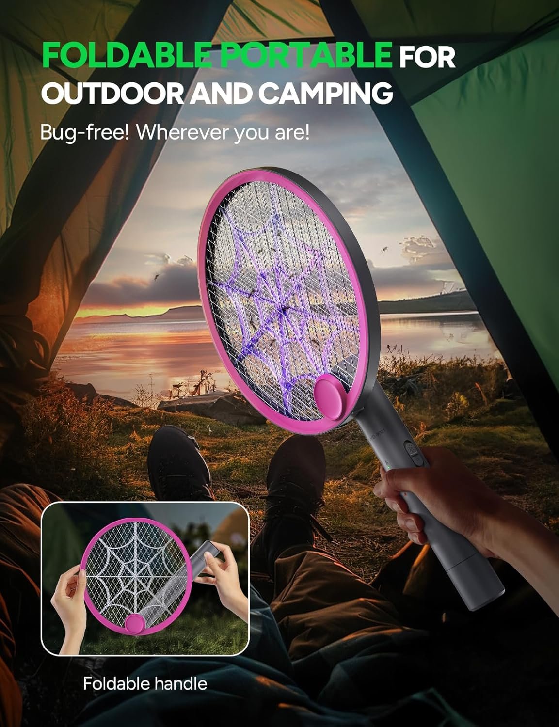 3800V Electric Fly Swatter, Dual Modes Bug Zapper Racket, 1500mAh Type-C Rechargeable Battery, Portable and Foldable Fly Zapper Racket, for Indoor Outdoor Home Patio Camping (Purple Gray) - Image 7