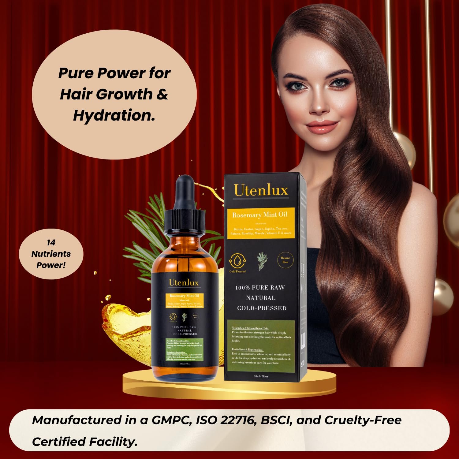 Rosemary Oil for Hair Growth, Organic Hair Growth Rosemary Oil, Cold Pressed, Infused with Mint, Biotin, Argan, Jojoba, Tea Tree, Rosehip, Marula Oils & Vitamin E, 2 oz - Image 3