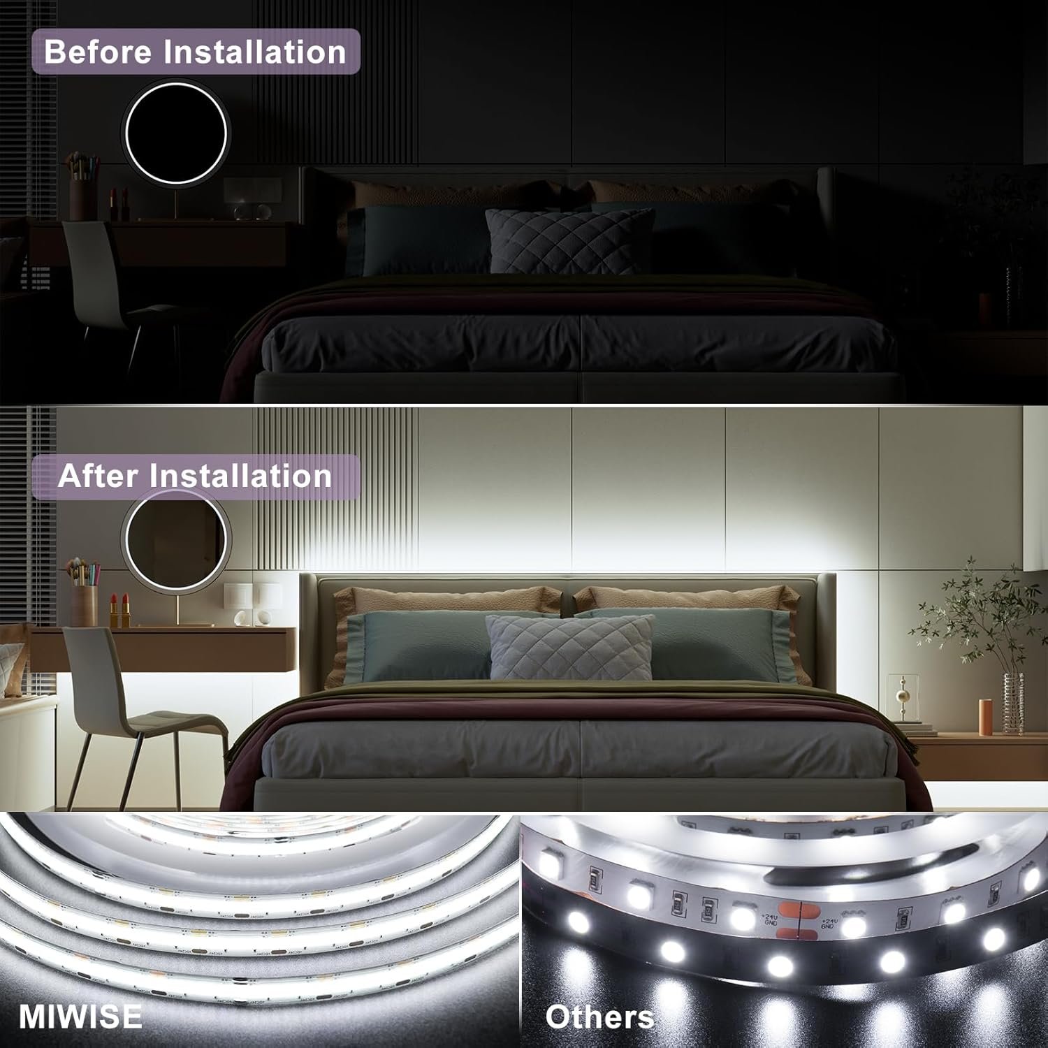MIWISE CCT COB LED Strip Light Tunable White,32.8ft/10m Dimmable 2700K-6500K CRI90+ 24V LED Tape Light Kit,Work with Alexa/Google Assistant/Tuya,for Under Cabinet Bedroom Kitchen DIY Lighting - Image 9