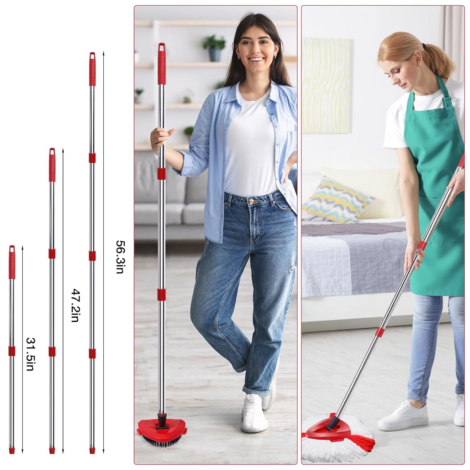 Mop Heads Replacements Complete Set for O-Ceda,4 Pcs Red Machine Washable Microfiber Spin Mop Refills Replace Heads,1 Scrub Brushs,1 Base,1 Set Handle,Spin Mop Replacements for Tub and Tile Cleaning - Image 3