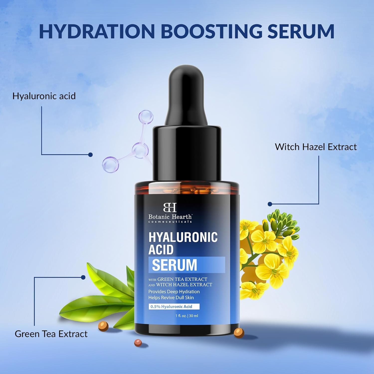 Botanic Hearth 0.5% Hyaluronic Acid Serum for Face with 2% Niacinamide, Witch Hazel & Green Tea Extracts | Hydrating & Moisturizing | Helps Reduce Wrinkles & Fine Lines | All Skin Types | 1fl oz - Image 6