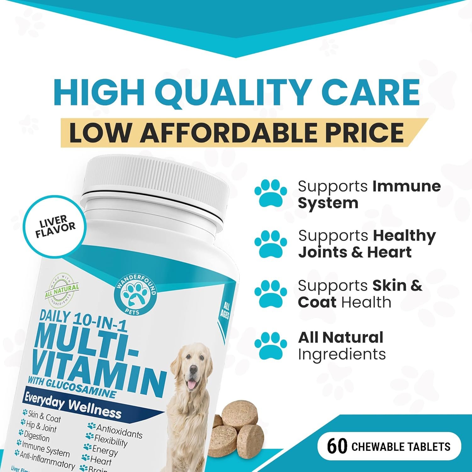 Wanderfound Pets 10-in-1 Dog Multivitamin, Chewable Dog Vitamins with Glucosamine, D3, and MSM, Dog Health Supplies for Immune System and Joint Health, Liver Flavor, 60 Tablets - Image 3