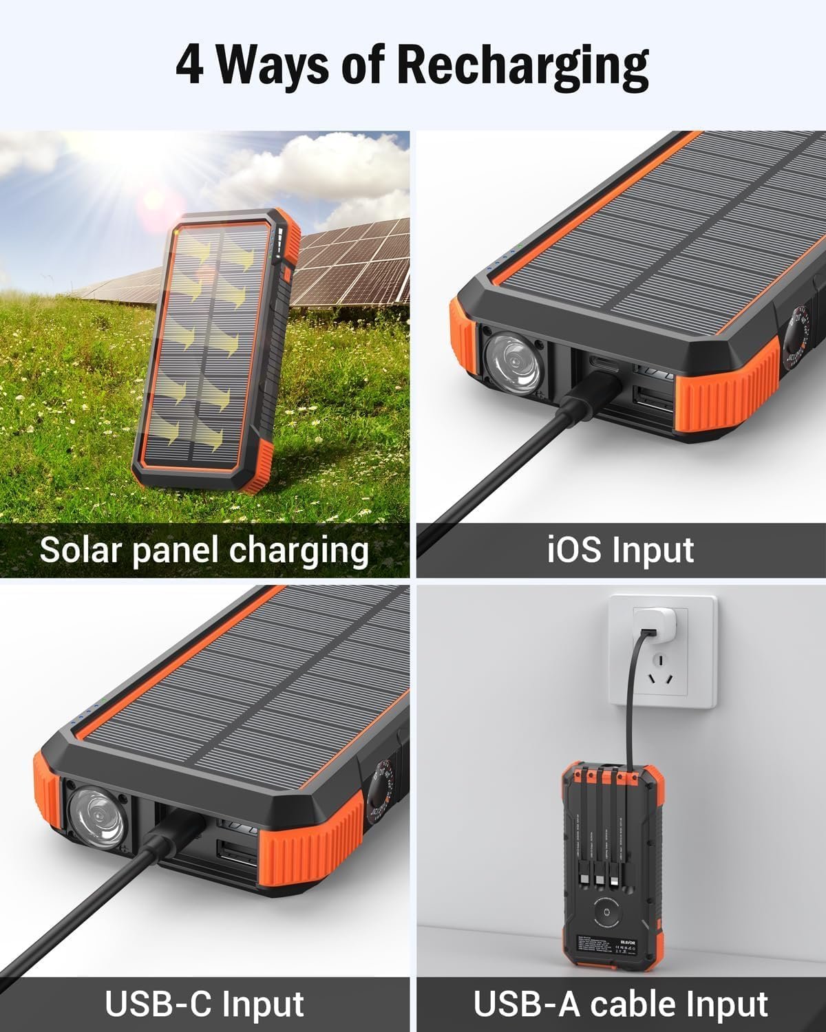 BLAVOR Solar Power Bank 20000mAh Built in 4 Cables,20W Fast Charging Portable Charger with USB C in/Output,Flashlight,Wireless Charging Battery pack for Apple Watches,Compatible with All Mobile Phones - Image 7